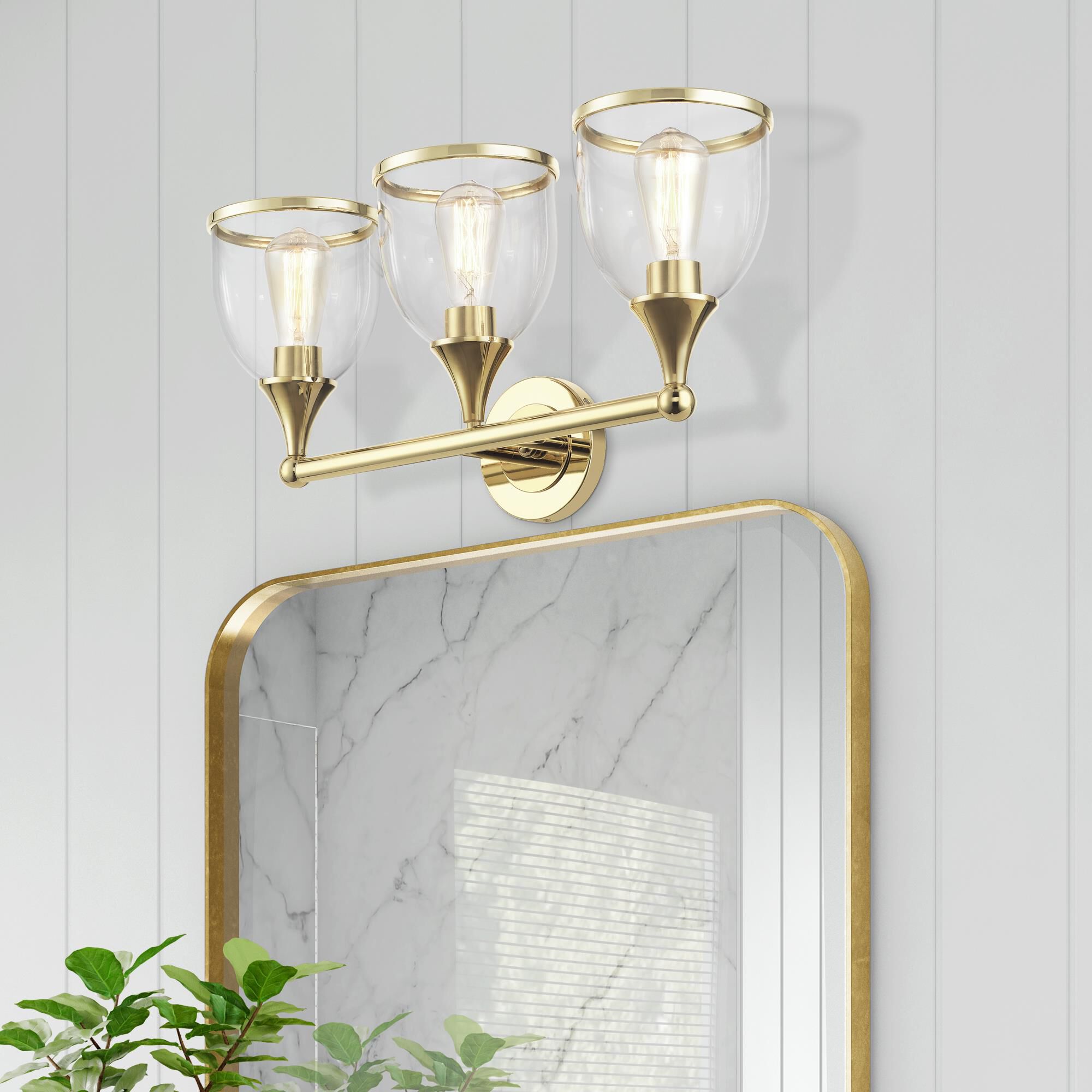Shown in Polished Brass finish and Mouth Blown Clear glass