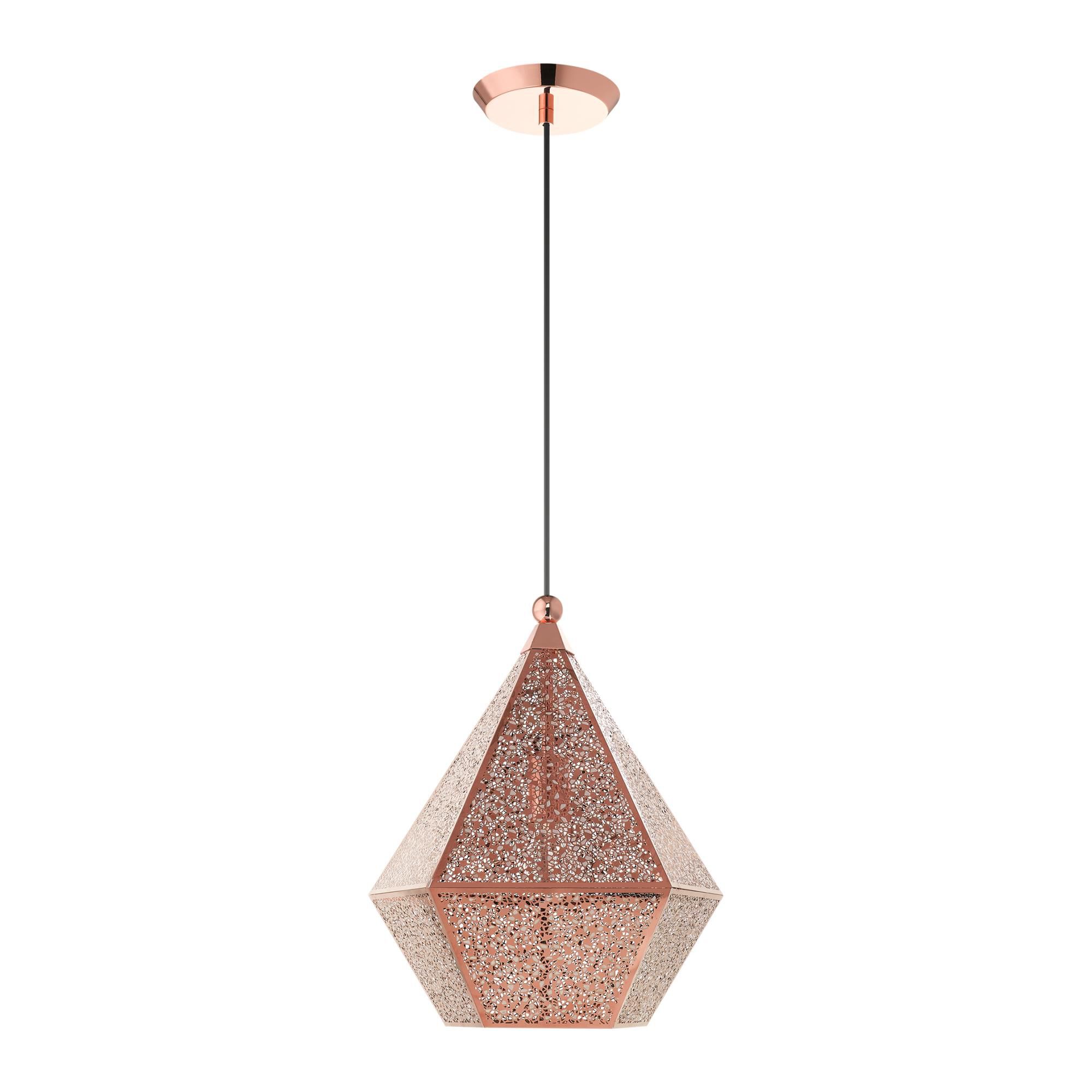 Shown in Rose Gold finish and Rose Gold Filigreed Metal Shade glass and Rose Gold Filigreed Metal shade