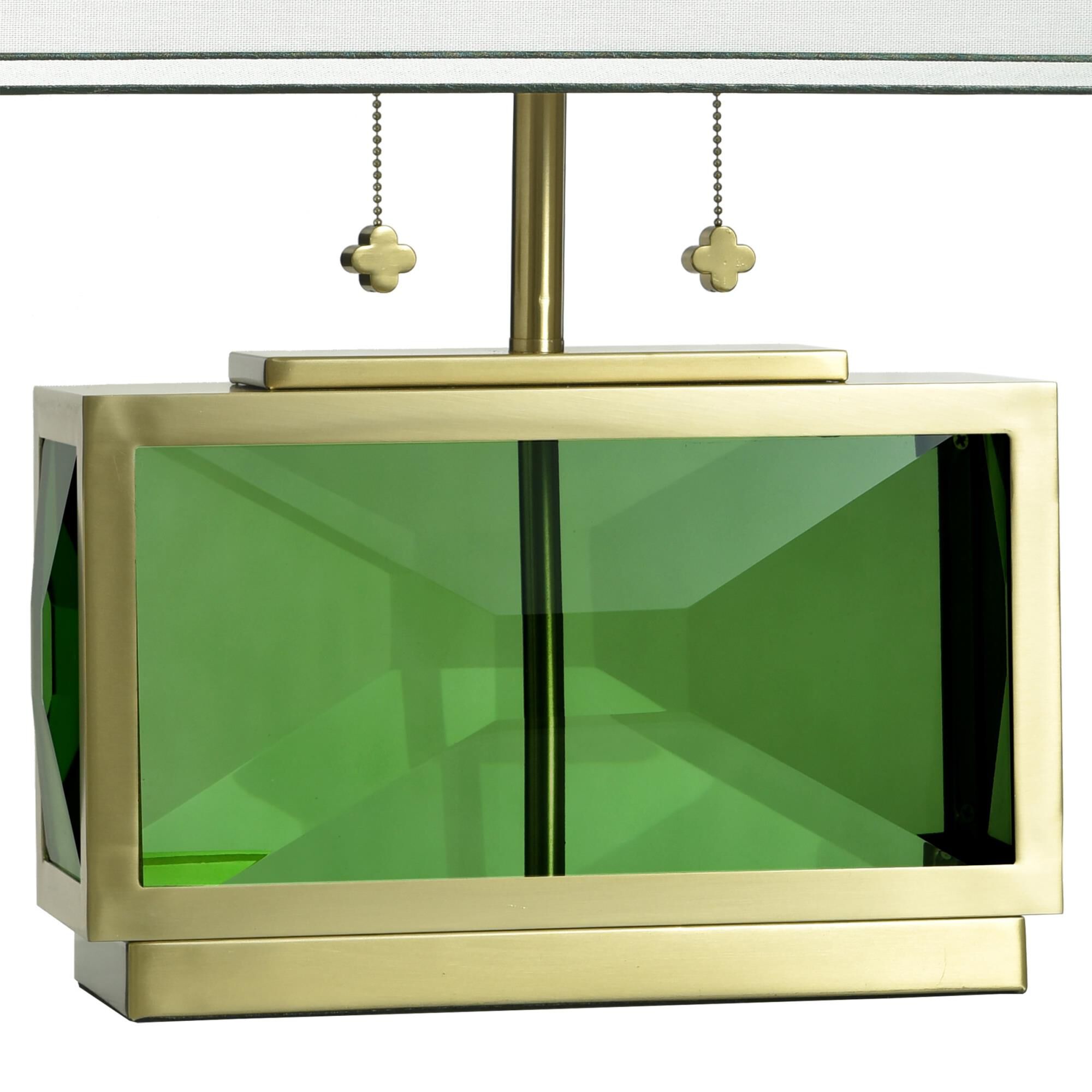Shown in Polished Brass and Green finish and Off-White With Dark Green Double-Lined Trim shade