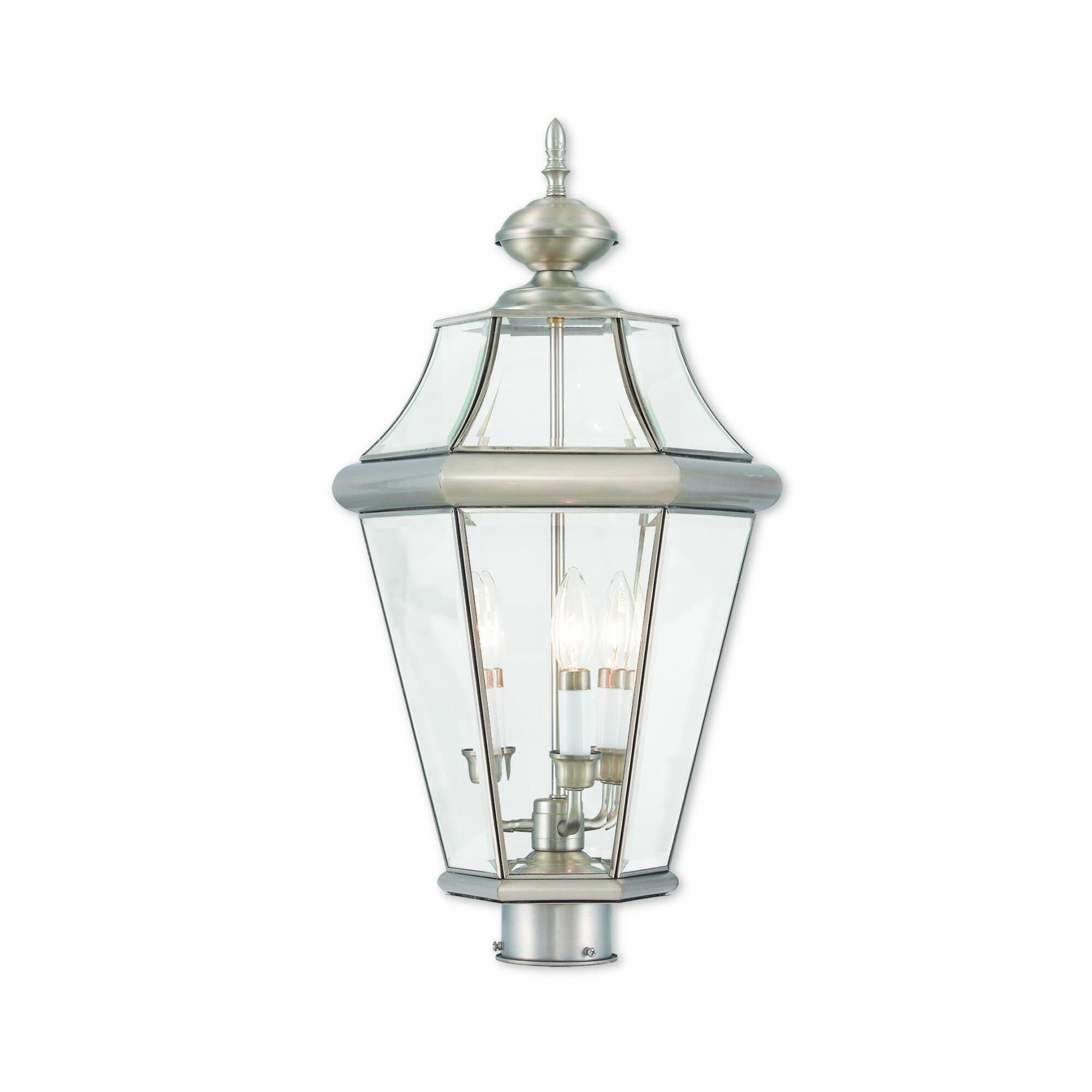 Shown in Brushed Nickel finish and Clear Beveled glass