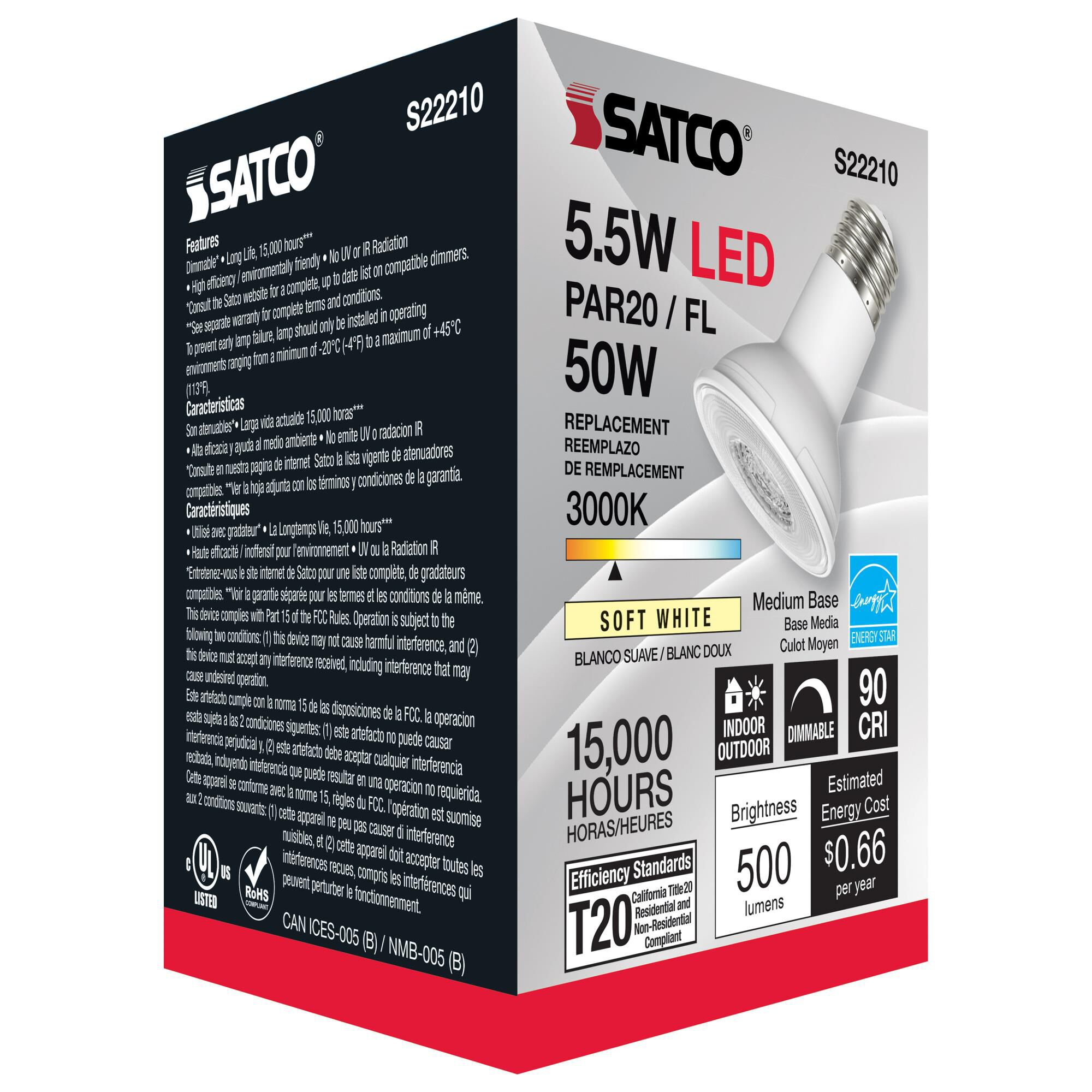Dimmable 5.5 Watt 3000K PAR20 LED Light Bulb by Satco