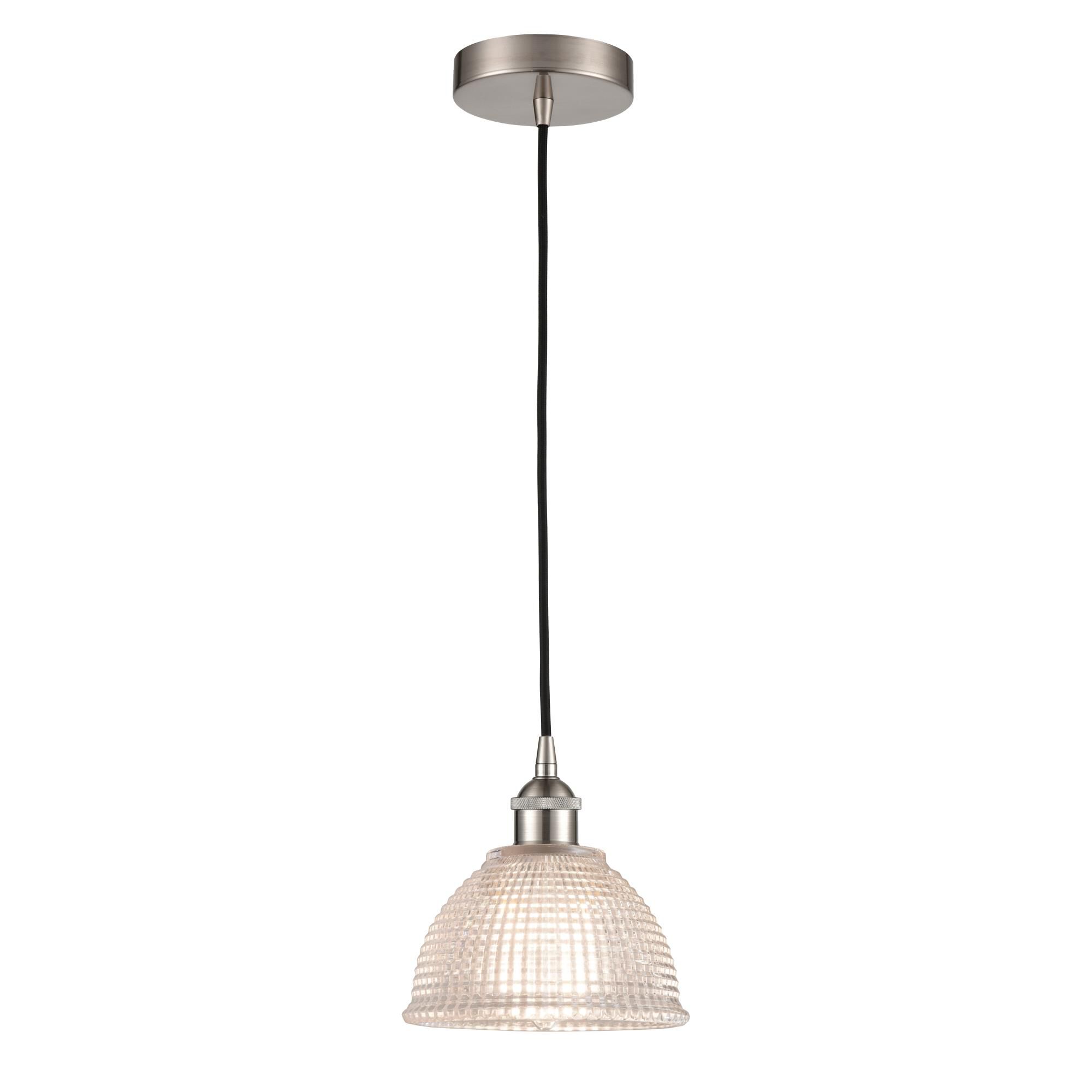 Shown in Brushed Satin Nickel finish and Clear glass