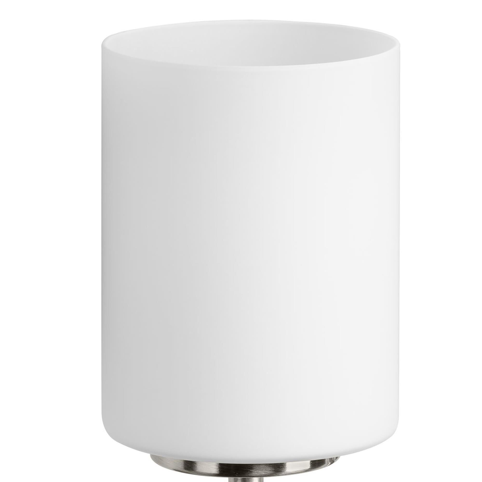 Shown in Brushed Nickel finish and Etched Painted White glass