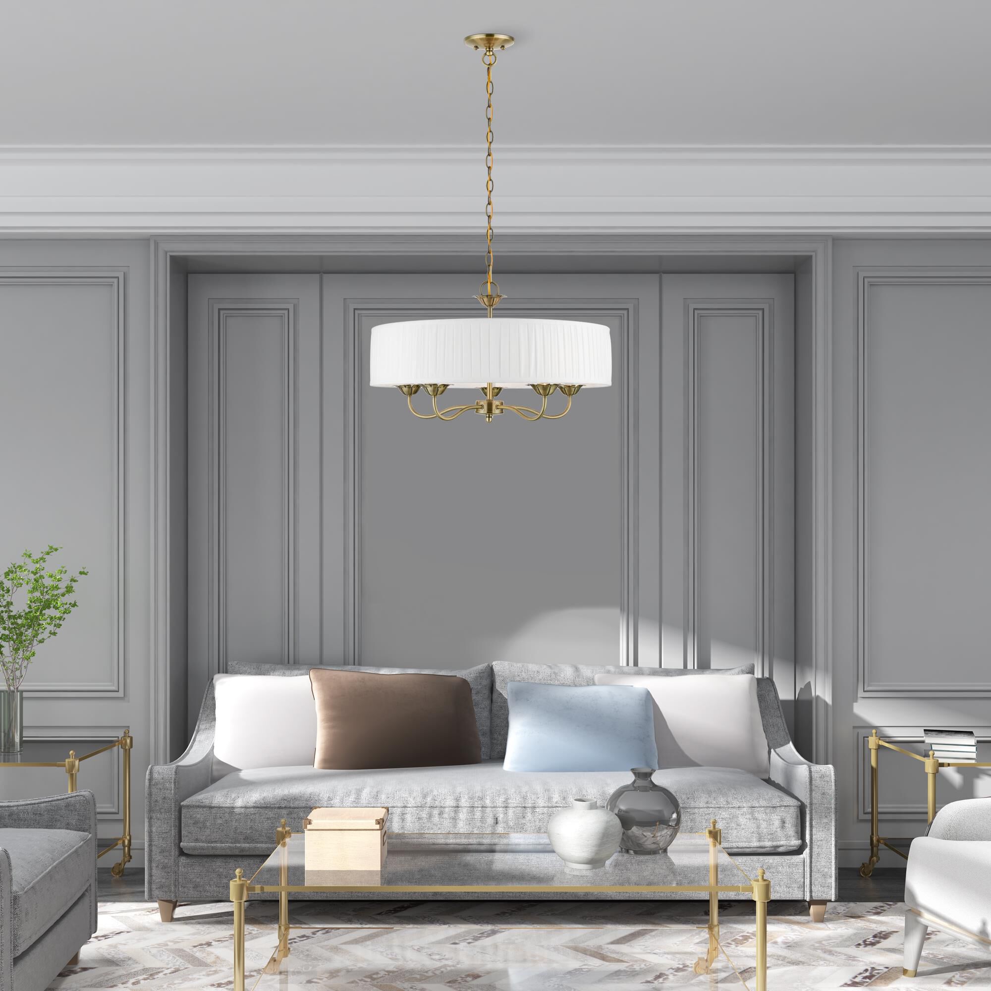 Shown in Antique Brass finish and Off-White Fabric Hardback with White Fabric Inside shade