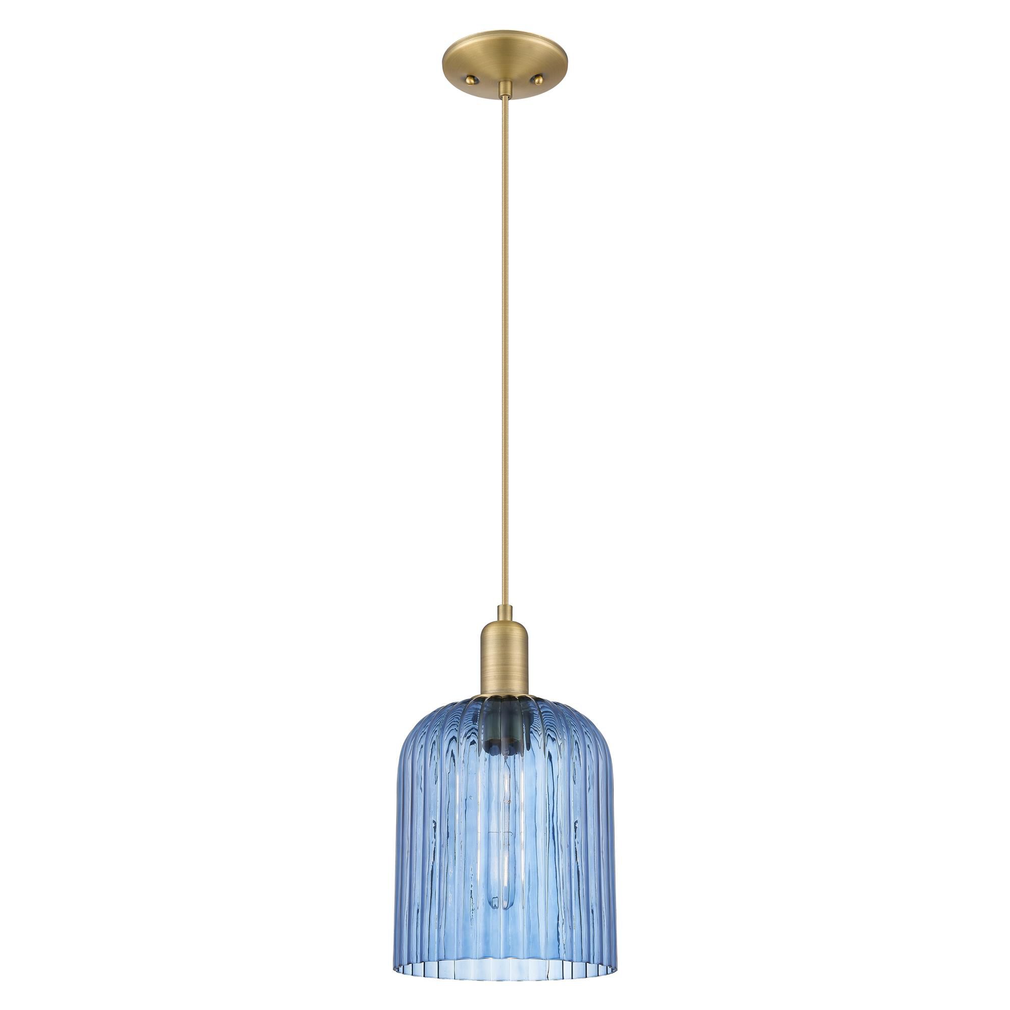 Shown in Brushed Brass finish and Blue glass
