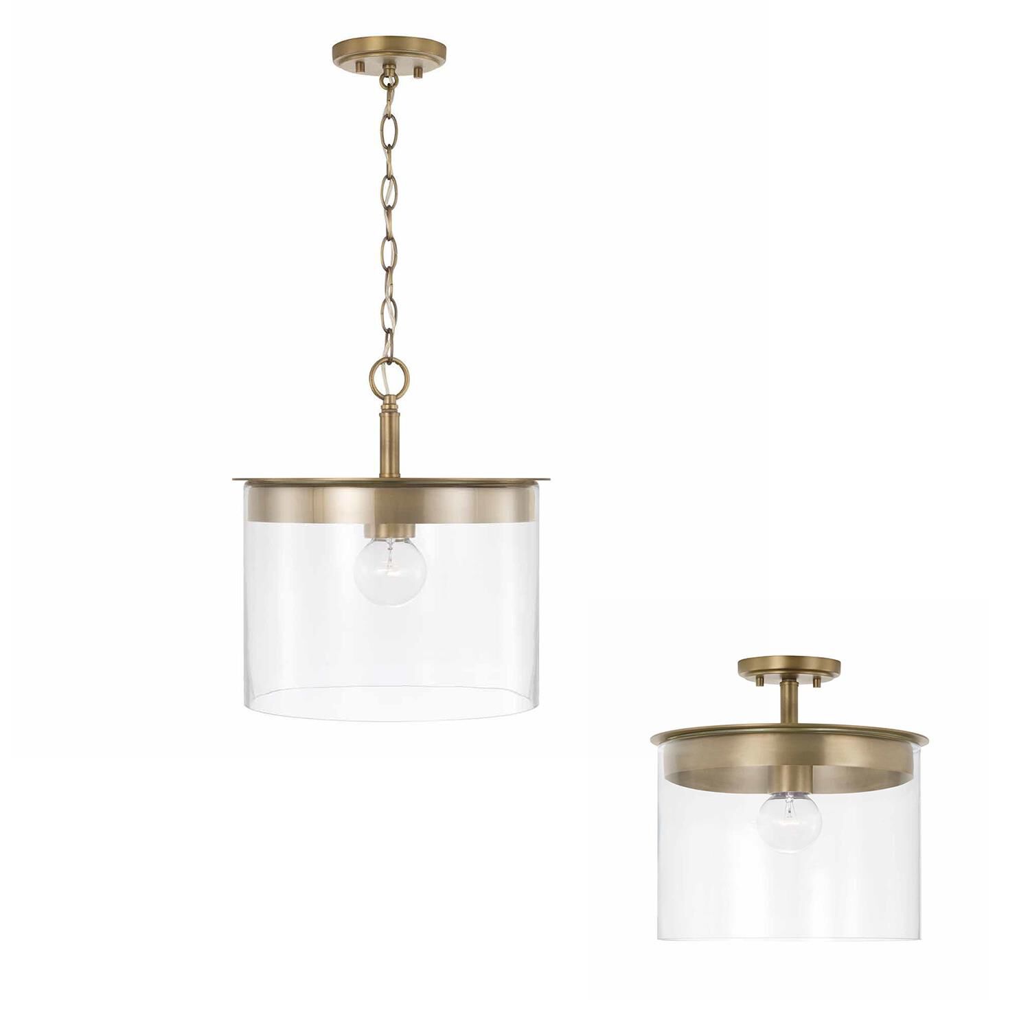 Shown in Aged Brass finish and Clear glass