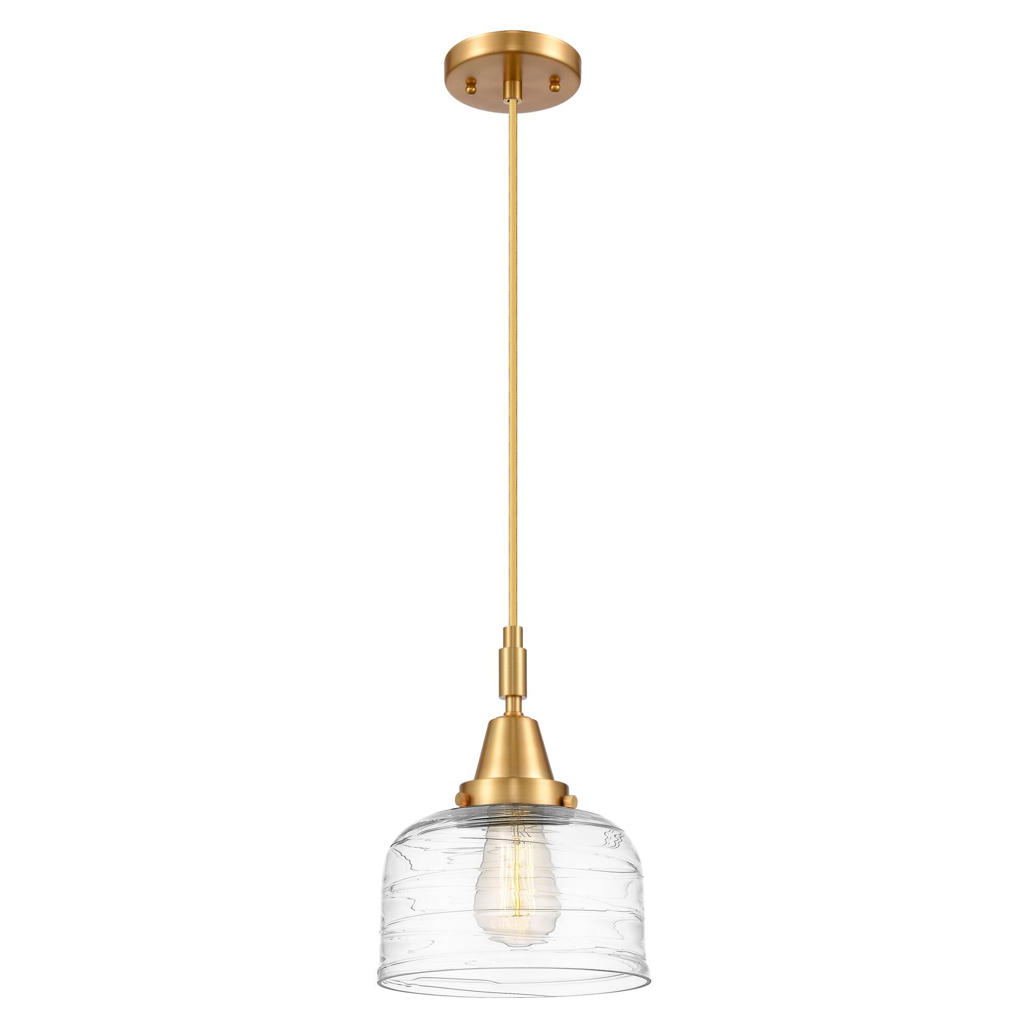 Shown in Satin Gold finish and Clear Deco Swirl glass