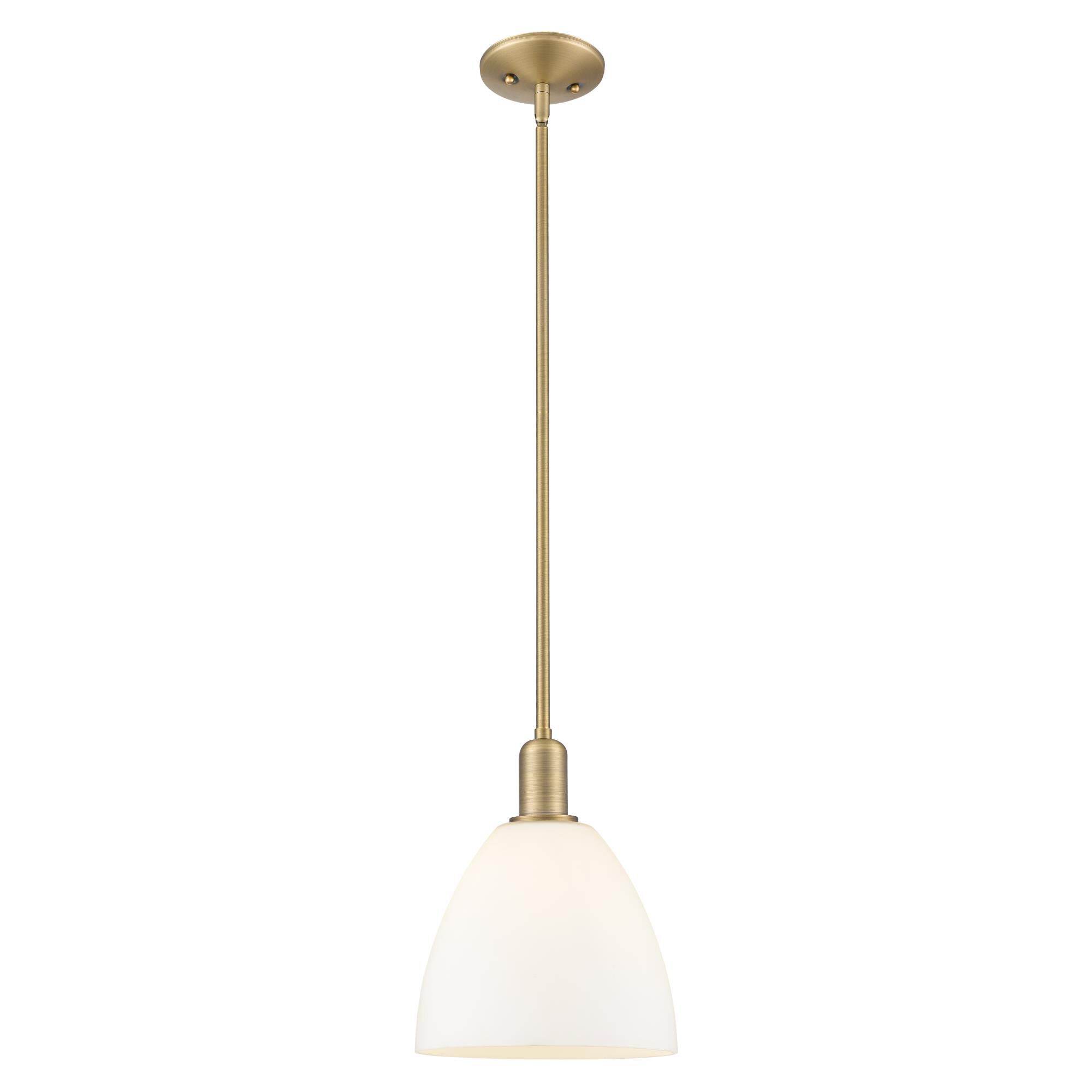 Shown in Brushed Brass finish and Matte White glass