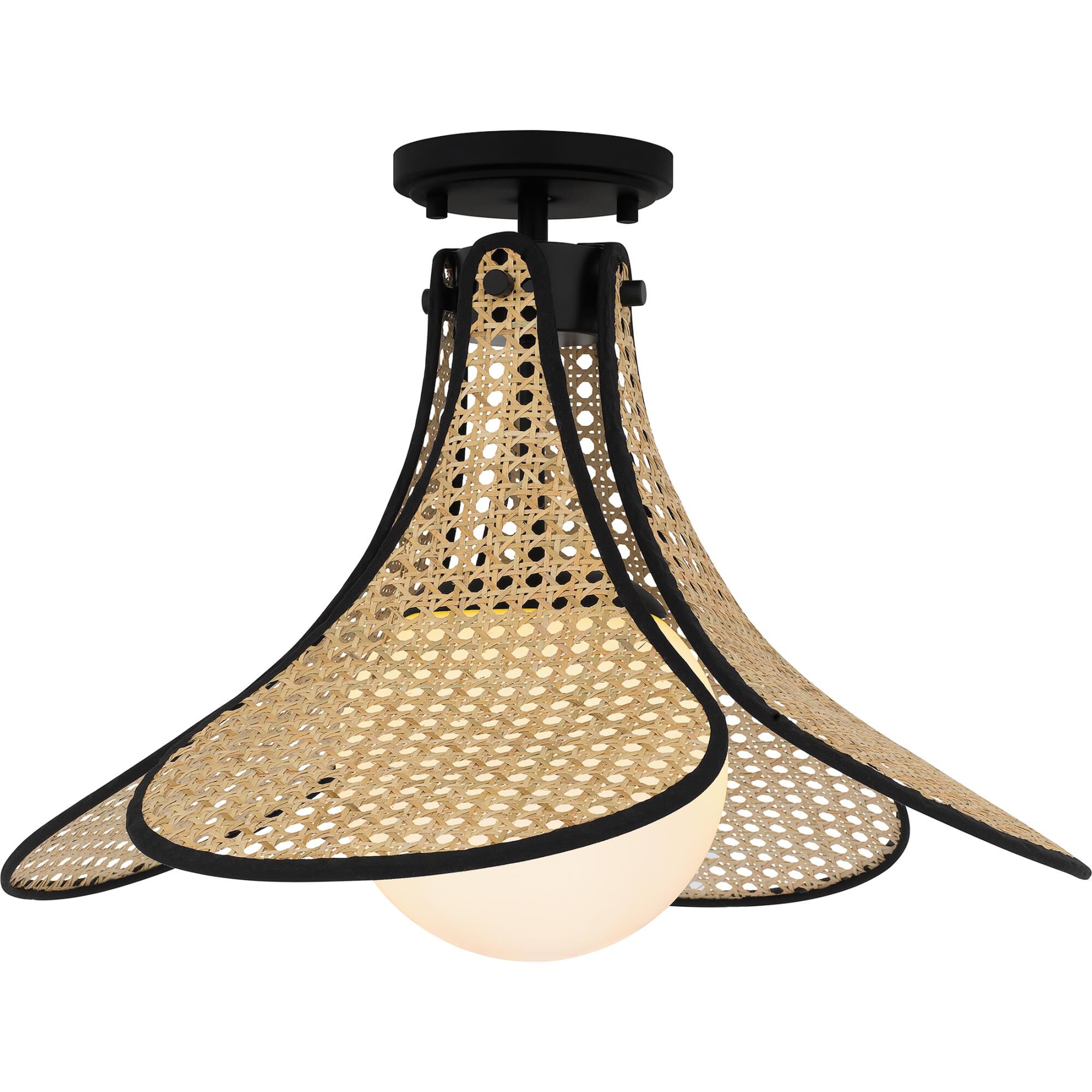 Shown in Matte Black finish and Rattan Caning / Opal Etched glass and Rattan Caning / Opal Etched Glass shade