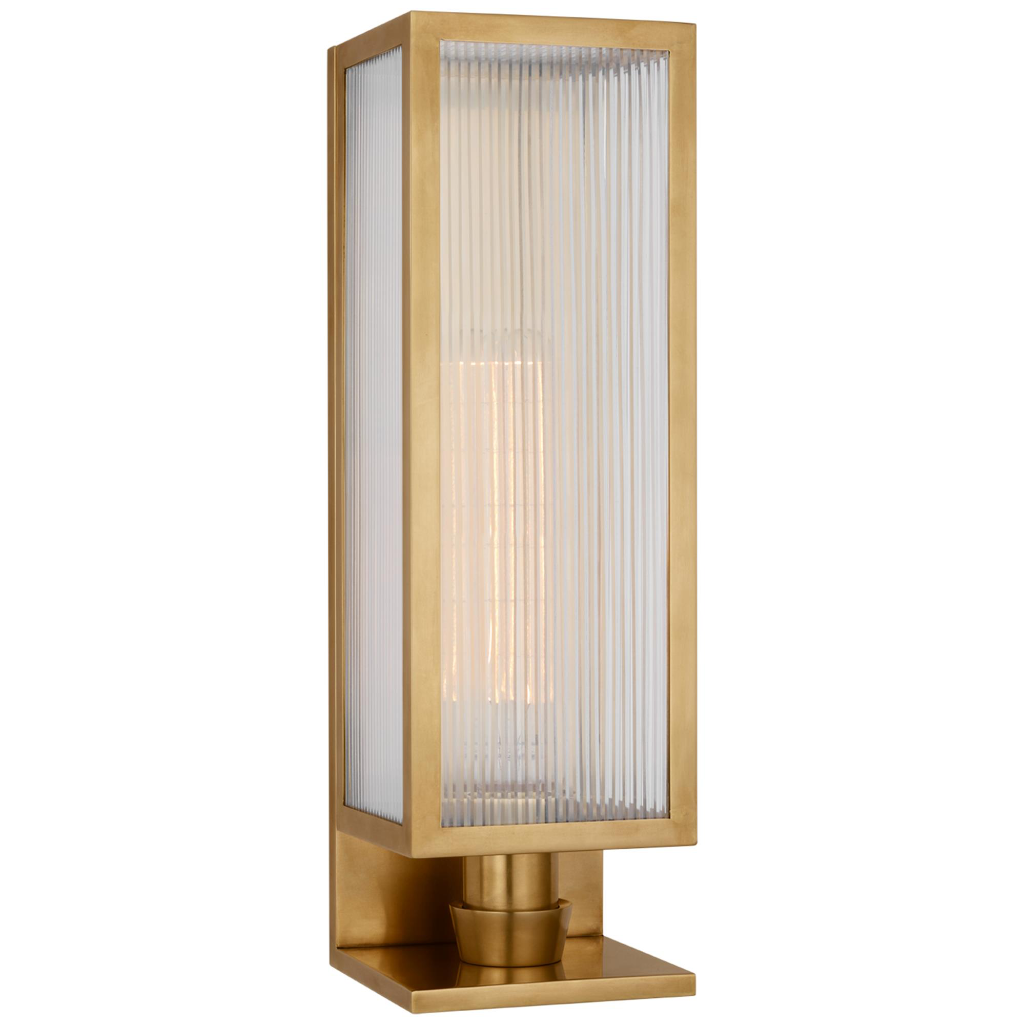 Shown in Soft Brass finish and Clear Ribbed glass