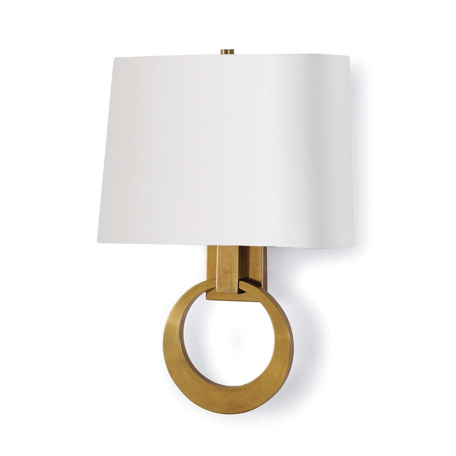 Shown in Natural Brass finish and Linen shade