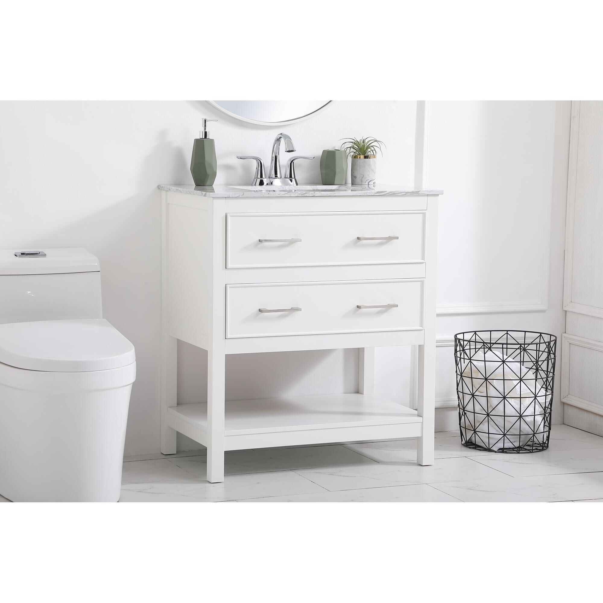 Shown in White And Brushed Nickel With Calacatta Quartz finish