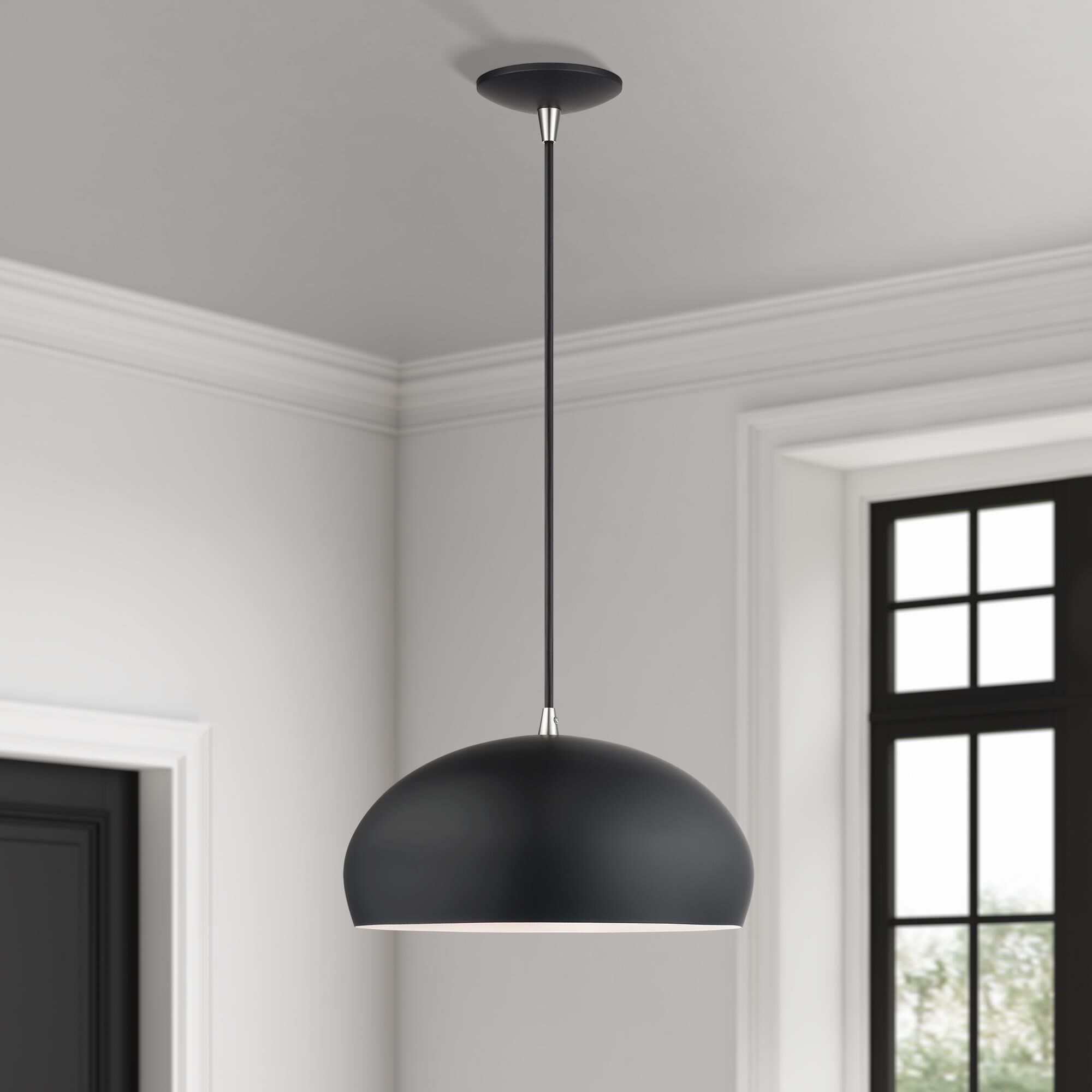 Shown in Black with Brushed Nickel Accents finish and Black Steel with Shiny White Inside shade