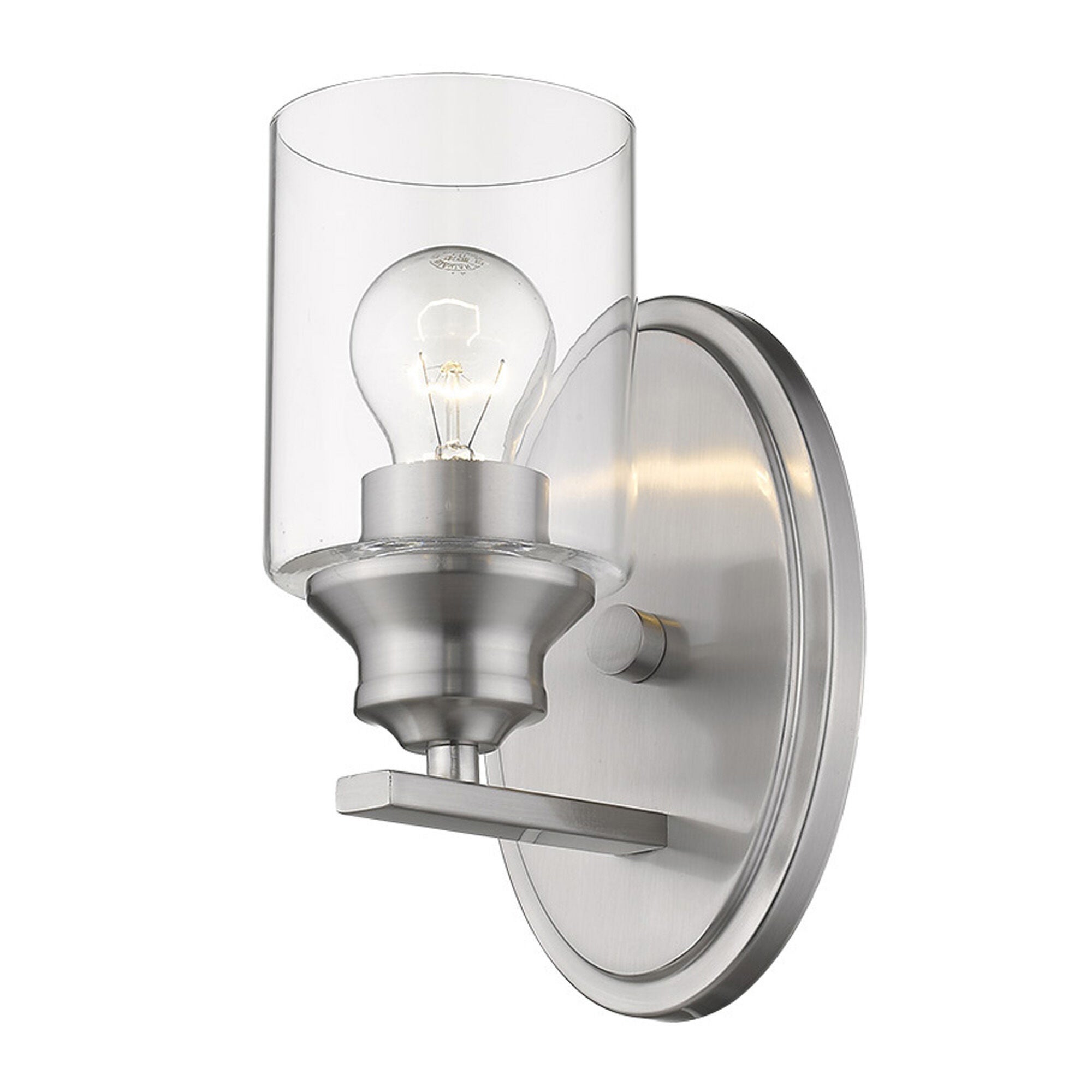 Shown in Satin Nickel finish and Clear glass and Clear, Cylindrical Glass shade