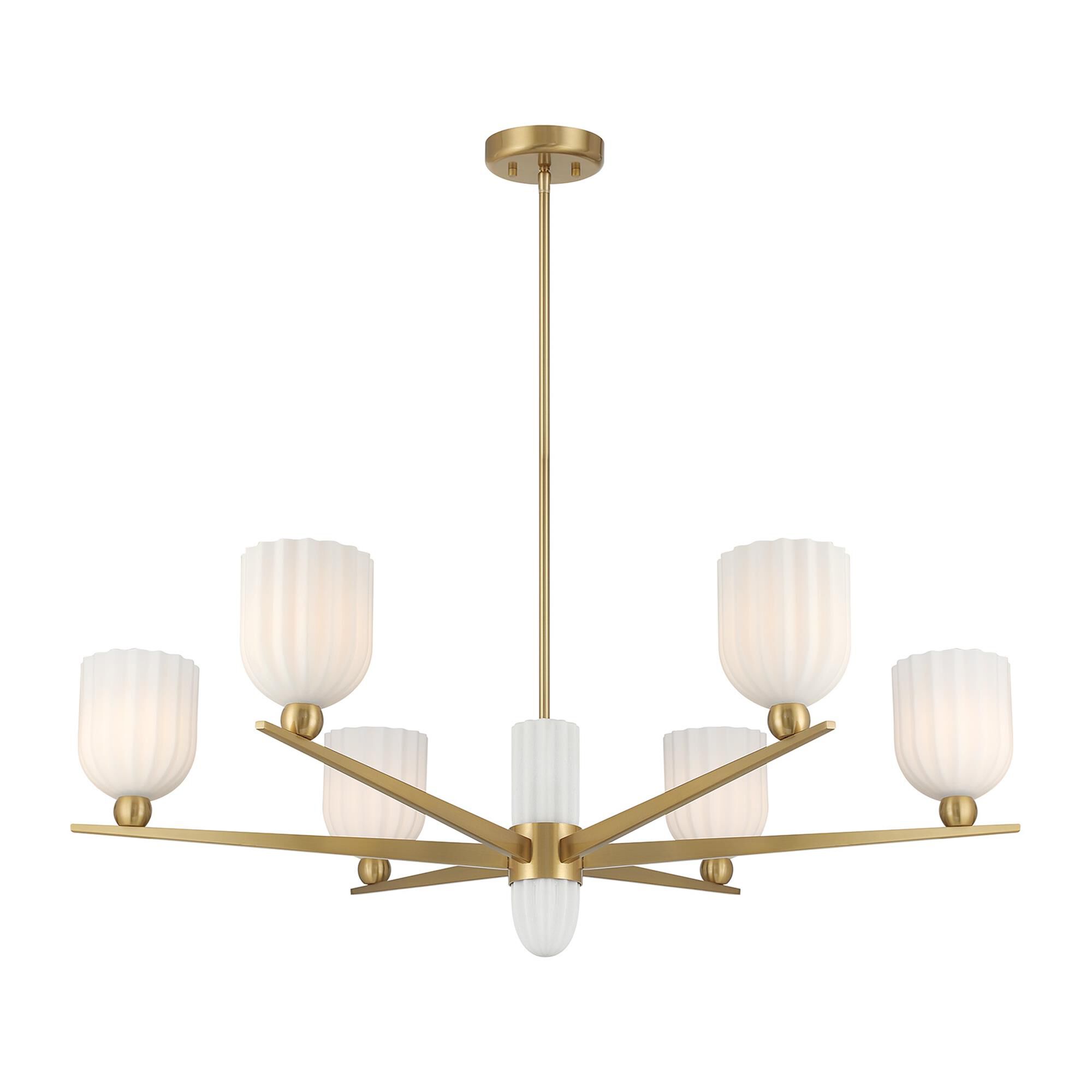 Shown in Warm Brass finish and White Opal Ribbed glass and White Resin accent