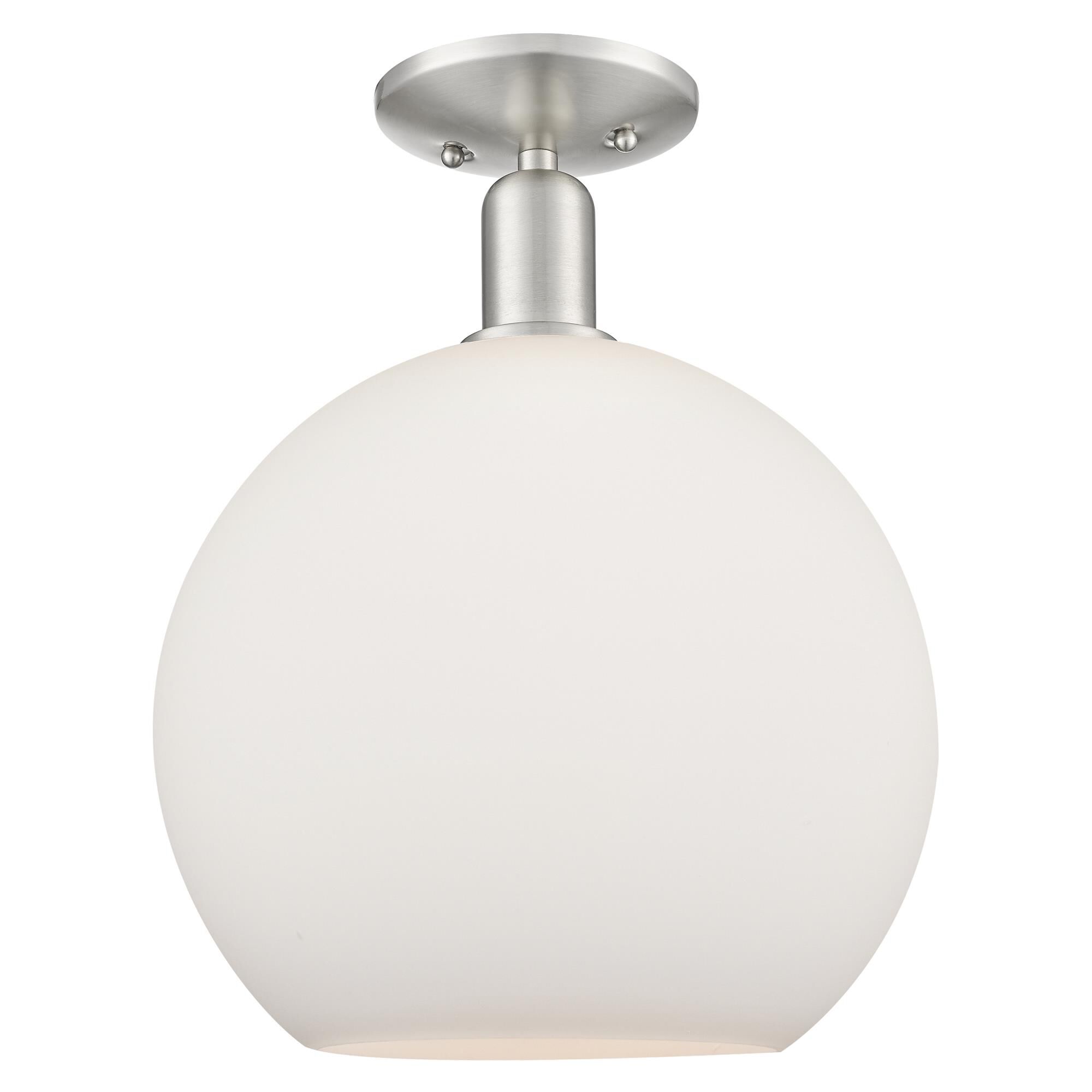 Shown in Brushed Satin Nickel finish and Matte White glass