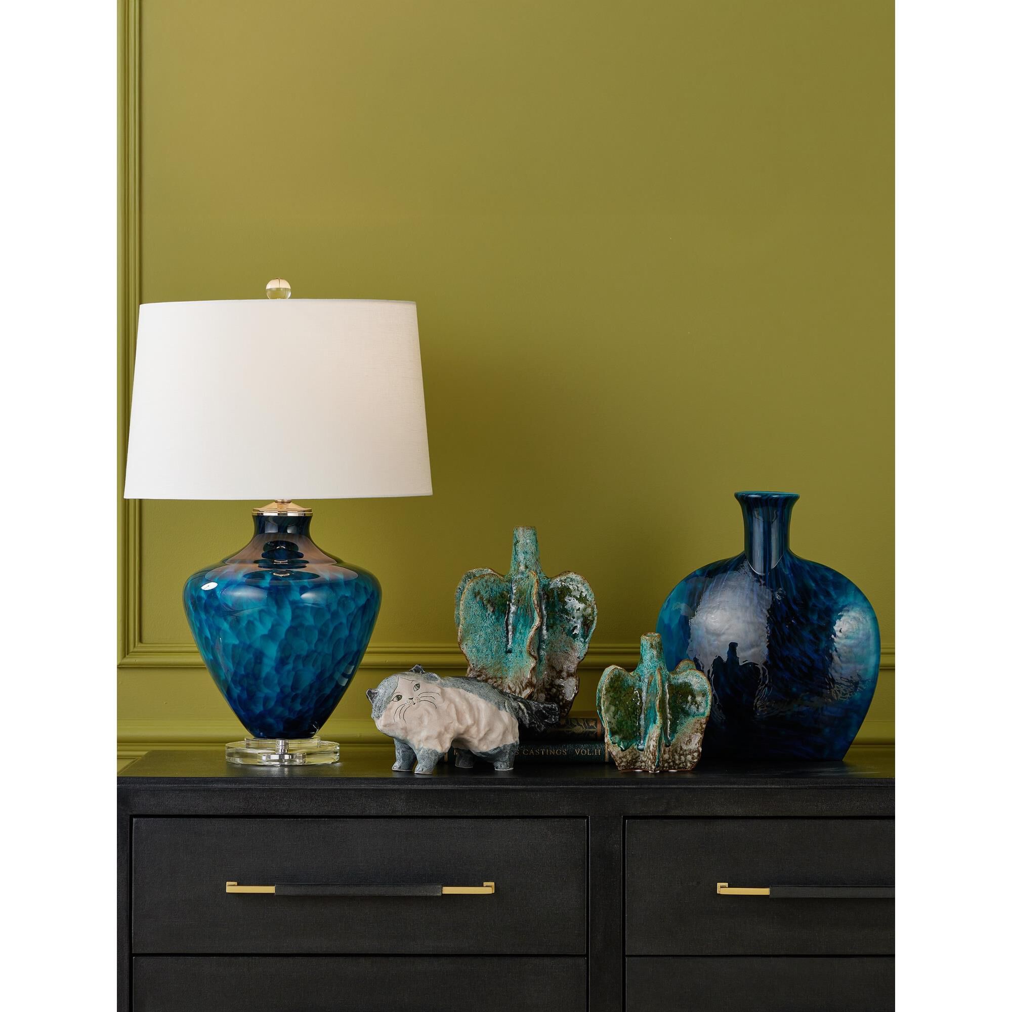 Shown in Blue and Clear finish and Off-White Linen/Hardback/Rolled Edge shade