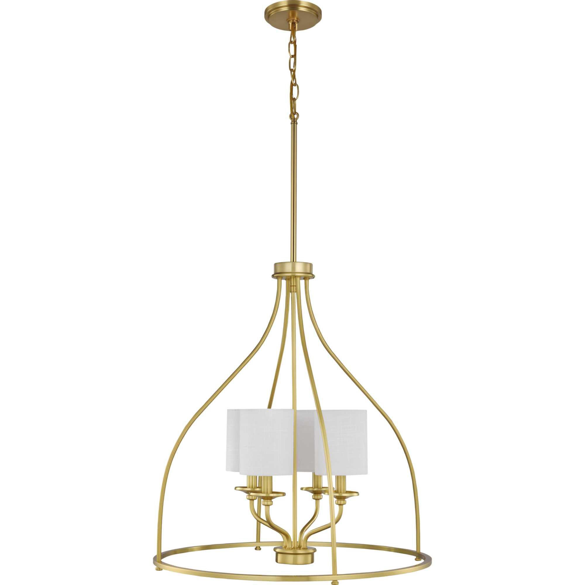 Shown in Satin Brass finish and White Linen glass
