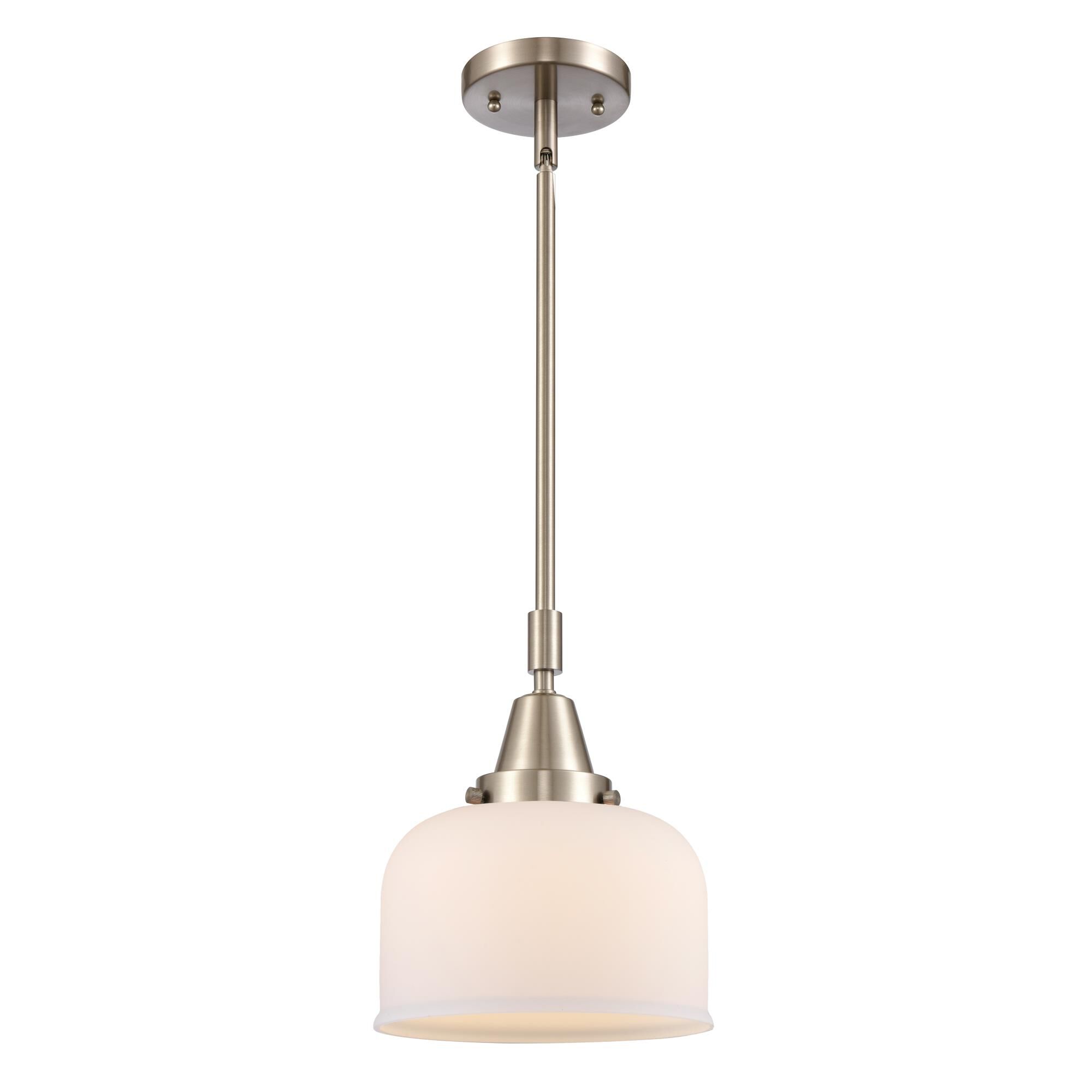 Shown in Brushed Satin Nickel finish and Matte White Cased Large Bell glass