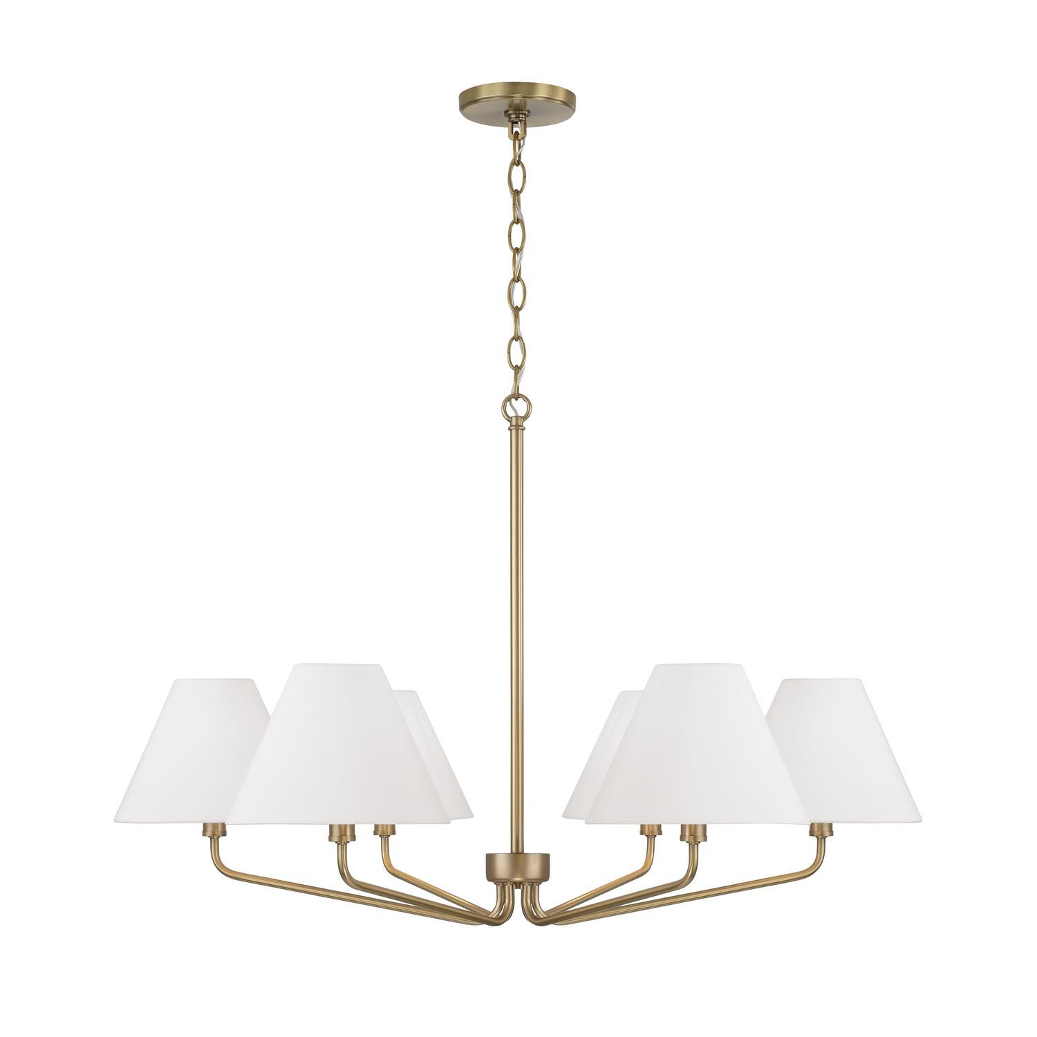 Shown in Aged Brass finish and White Fabric shade