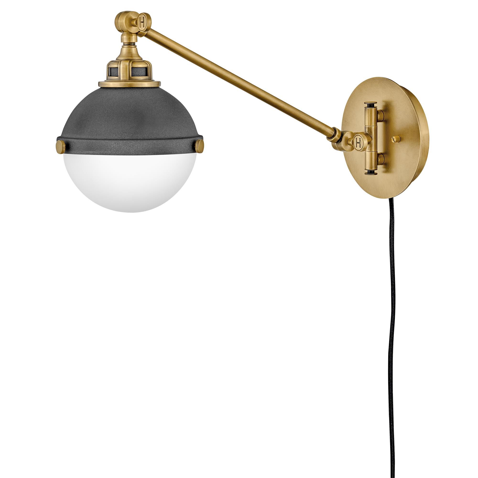 Shown in Aged Zinc finish and Etched Opal glass and Heritage Brass accent