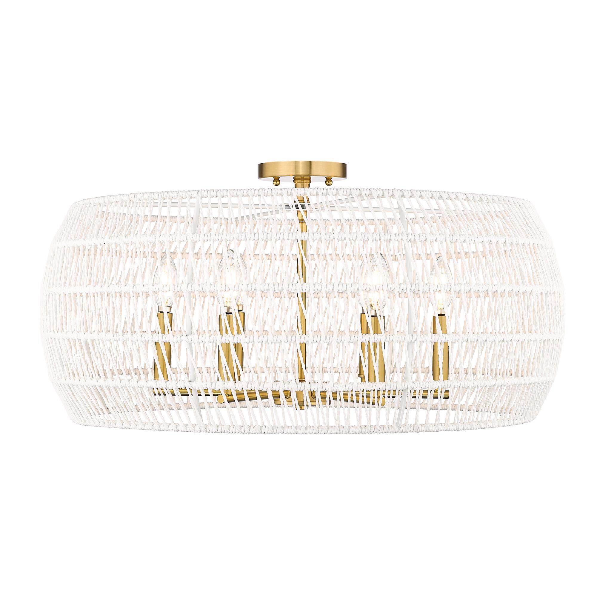 Shown in Modern Brushed Gold finish and Bleached White Raphia Rope shade