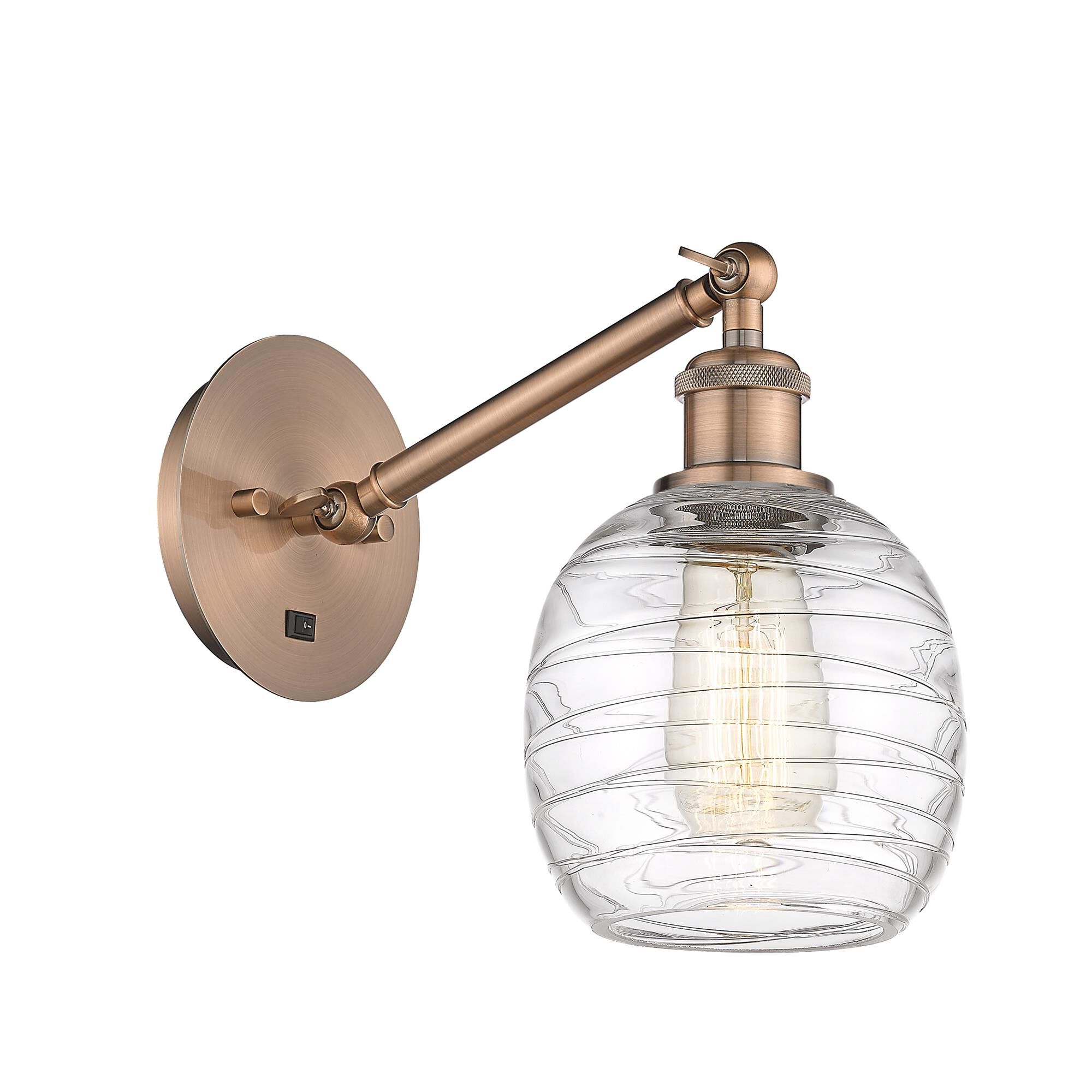 Shown in Antique Copper finish and Deco Swirl glass