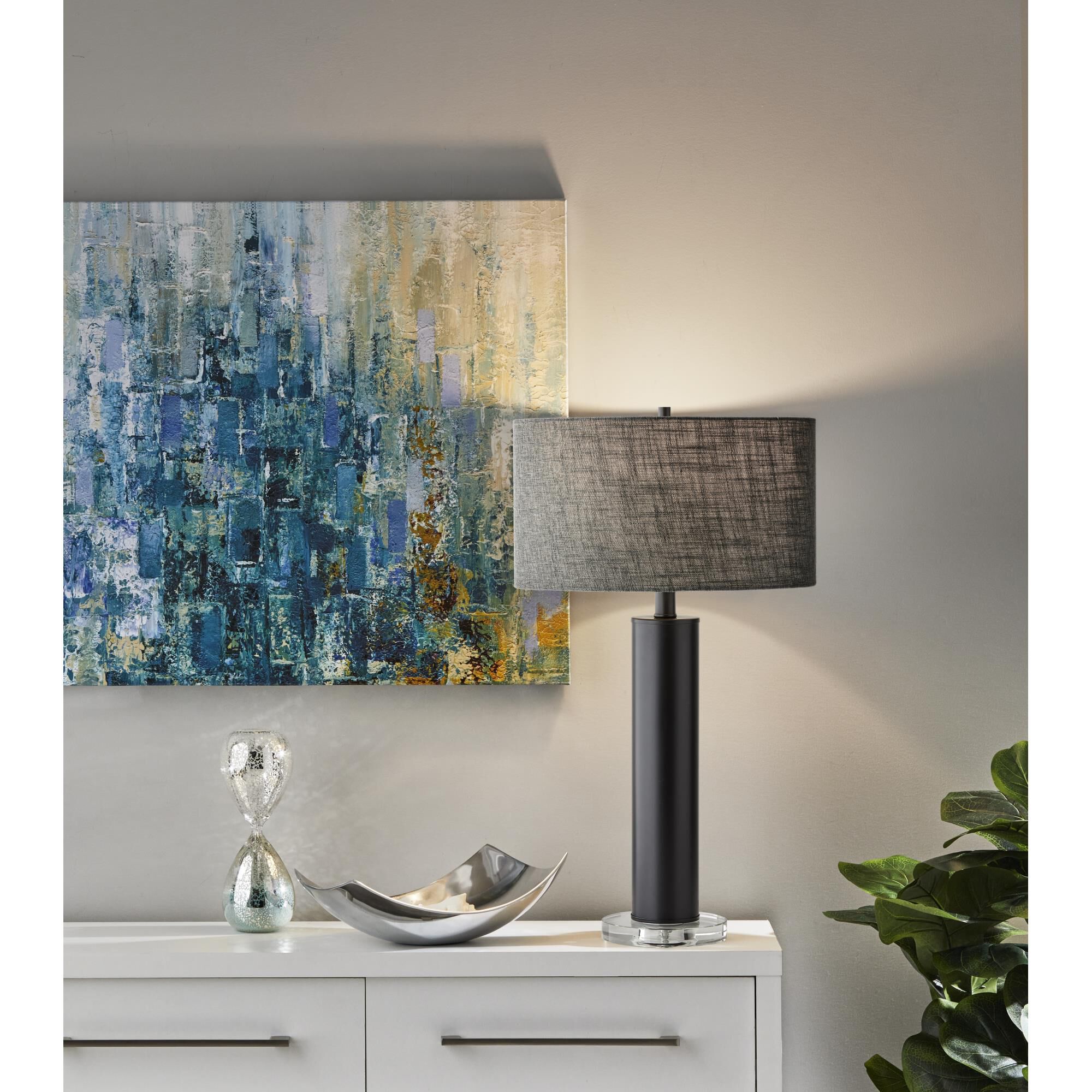 Shown in Brushed Steel finish and White Fabric shade