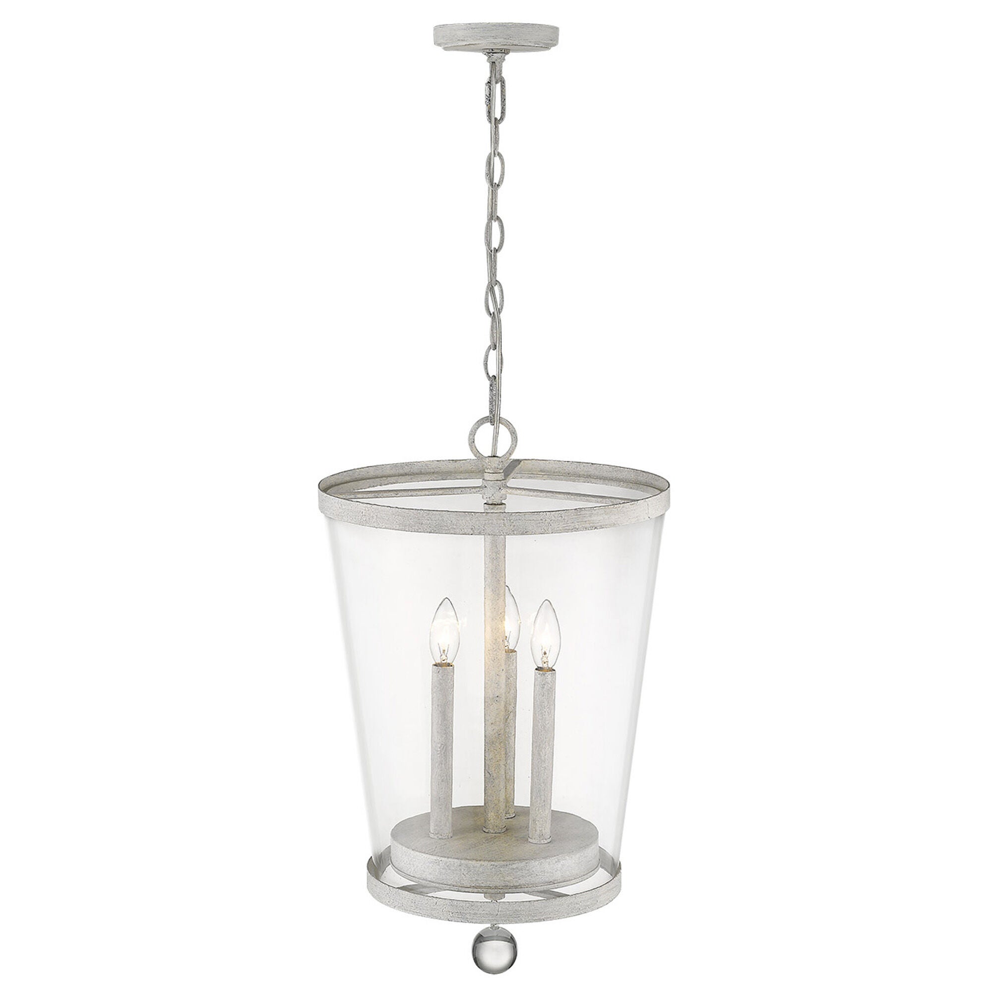Shown in Country White finish and Clear glass and Clear, Tapered Drum Shaped Glass shade