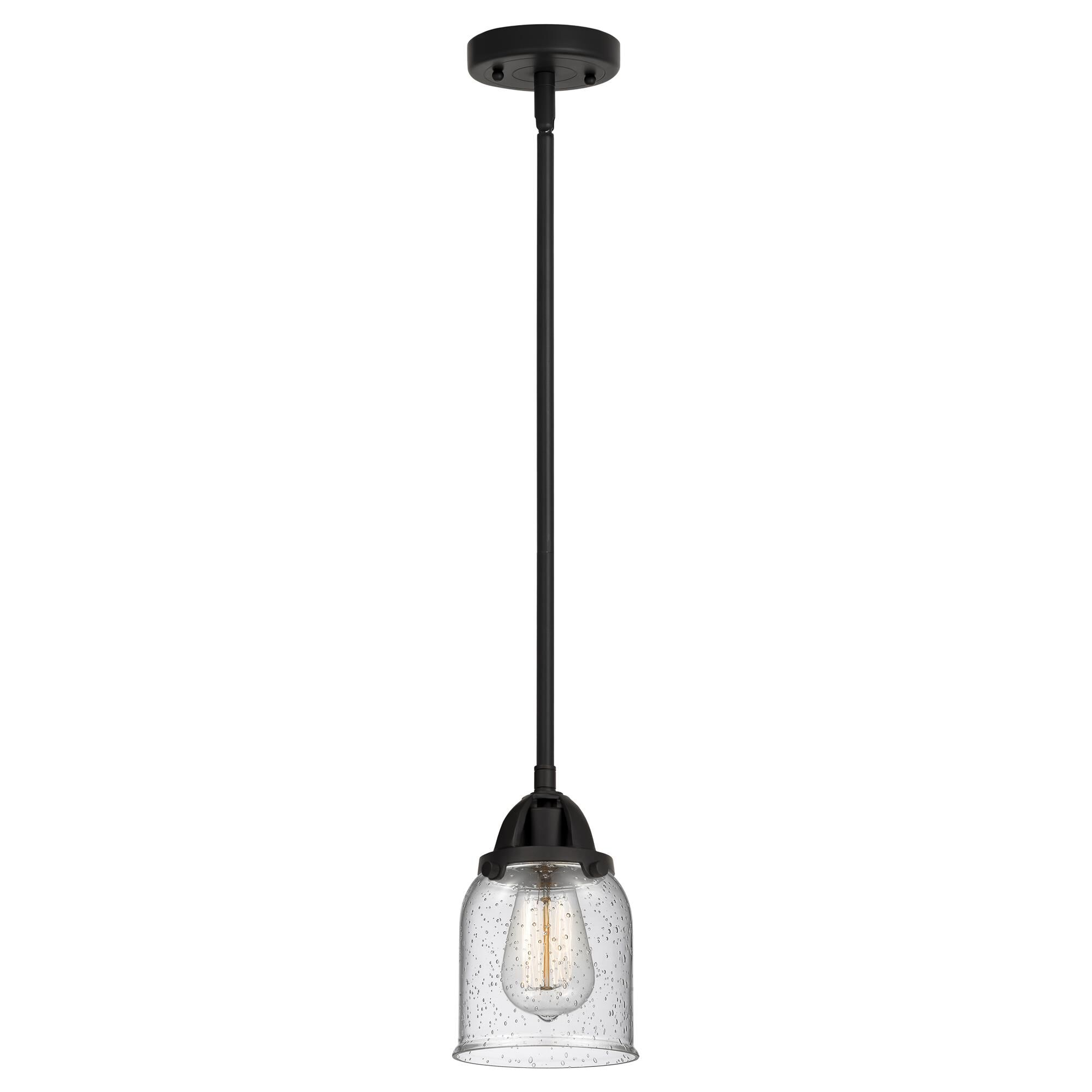 Shown in Matte Black finish and Seedy Small Bell glass and No Shade shade
