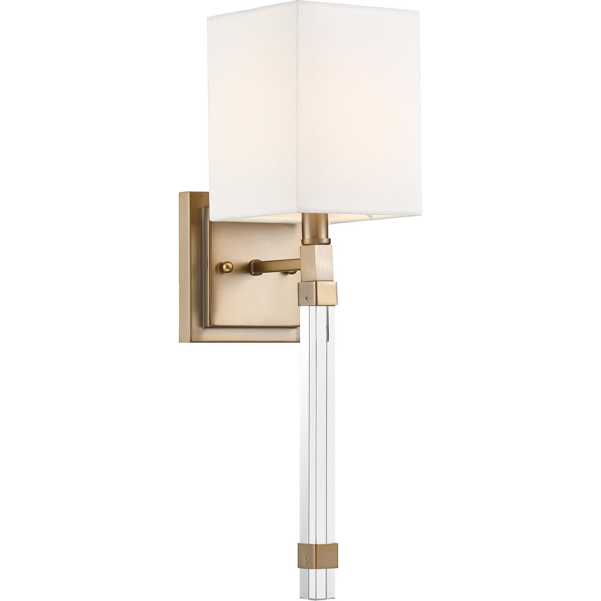 Shown in Burnished Brass finish and White Linen shade