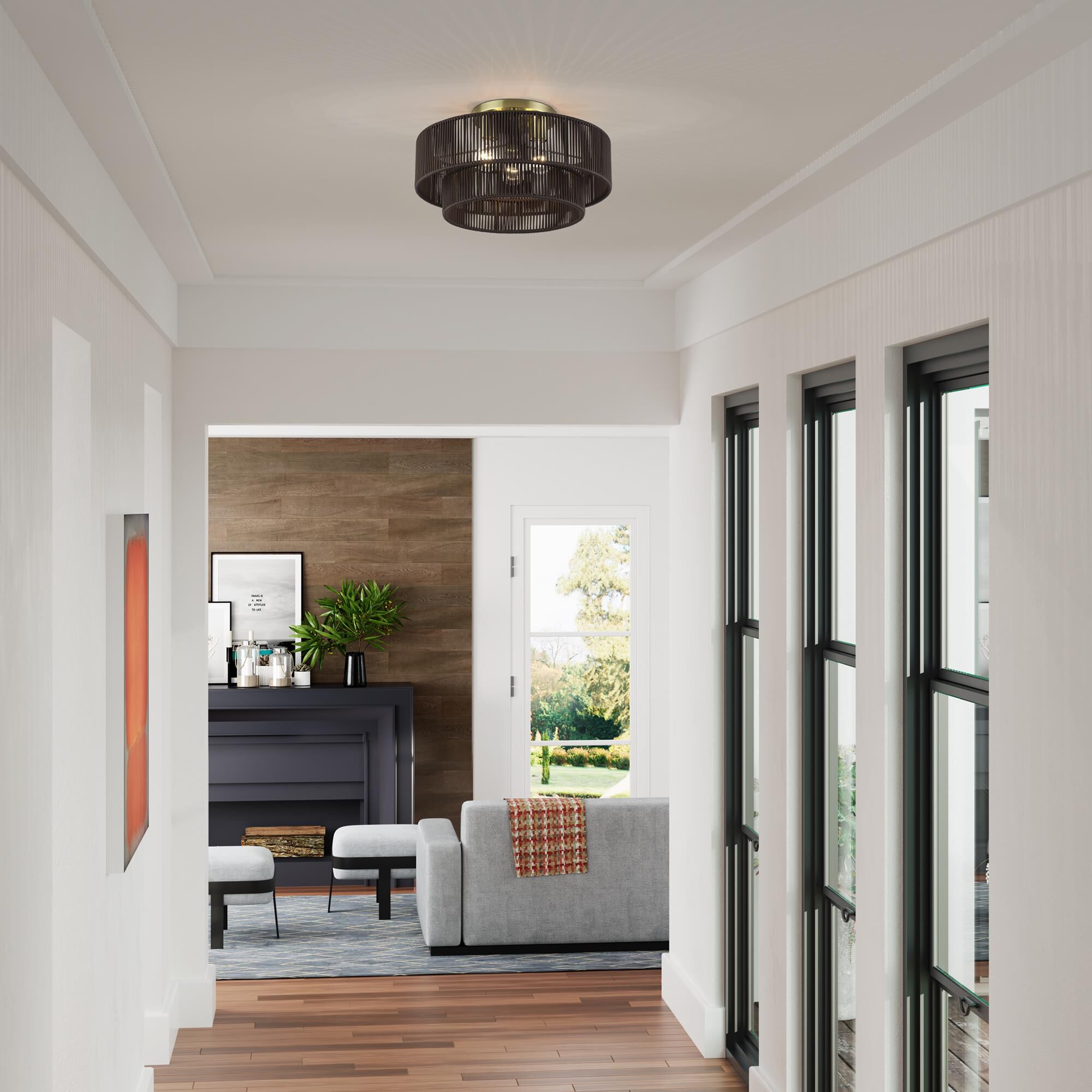 Shown in Antique Brass finish and Hand-Woven Dark Chocolate Color Polyester Rope shade