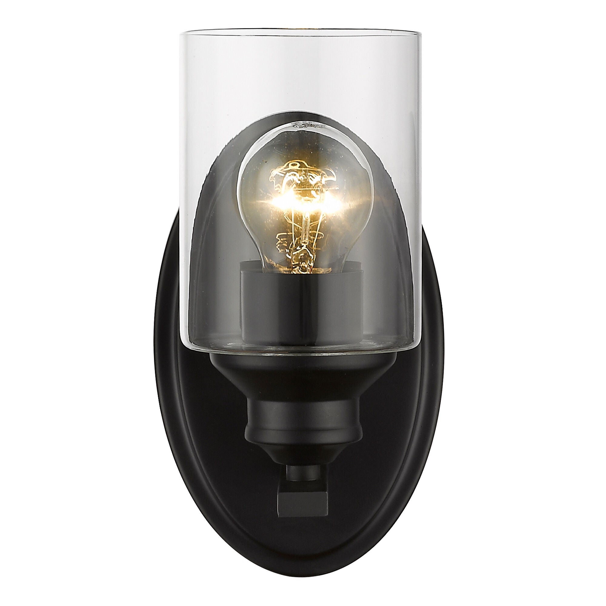Shown in Matte Black finish and Clear glass and Clear, Cylindrical Glass shade