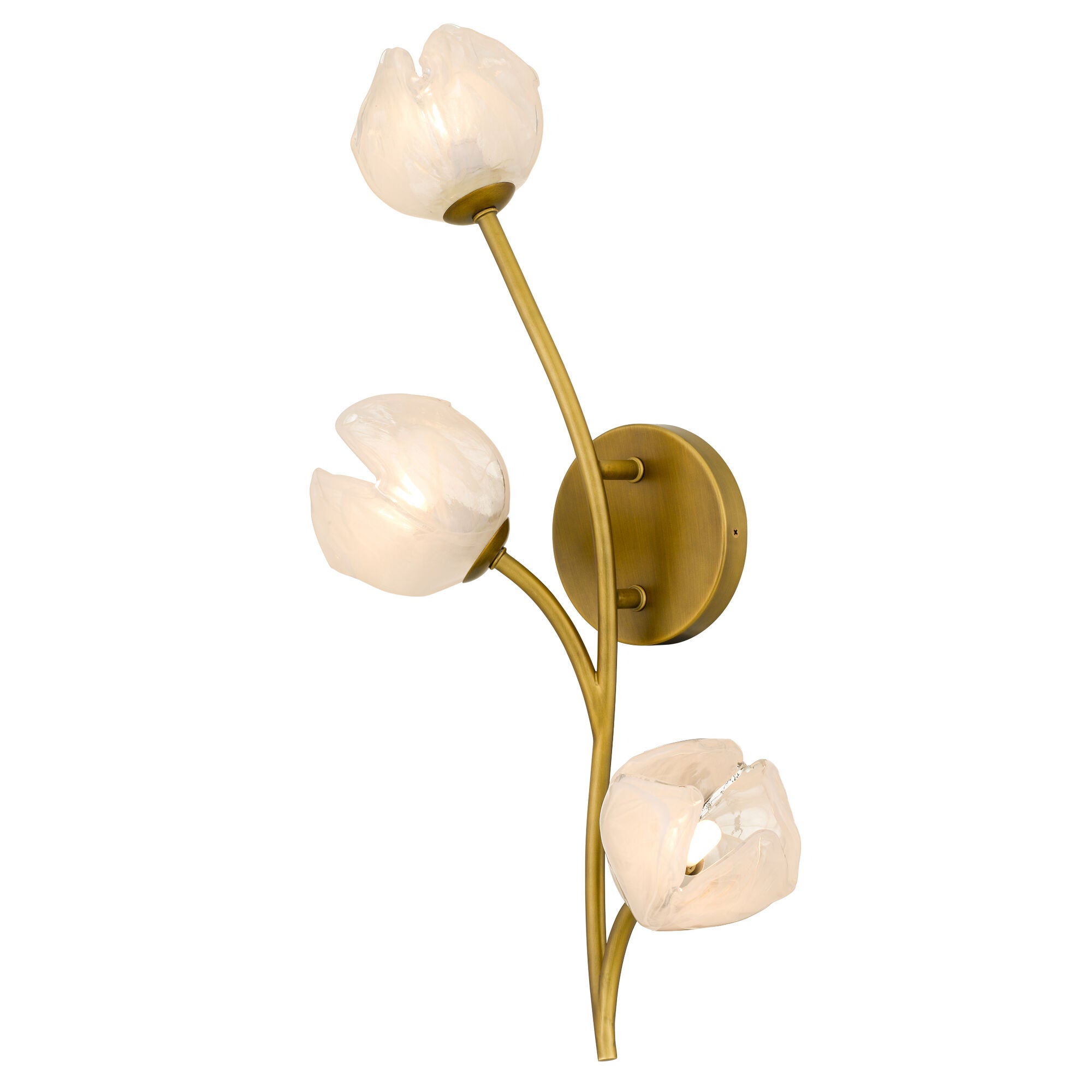 Shown in Vintage Brass finish and White Swirl glass