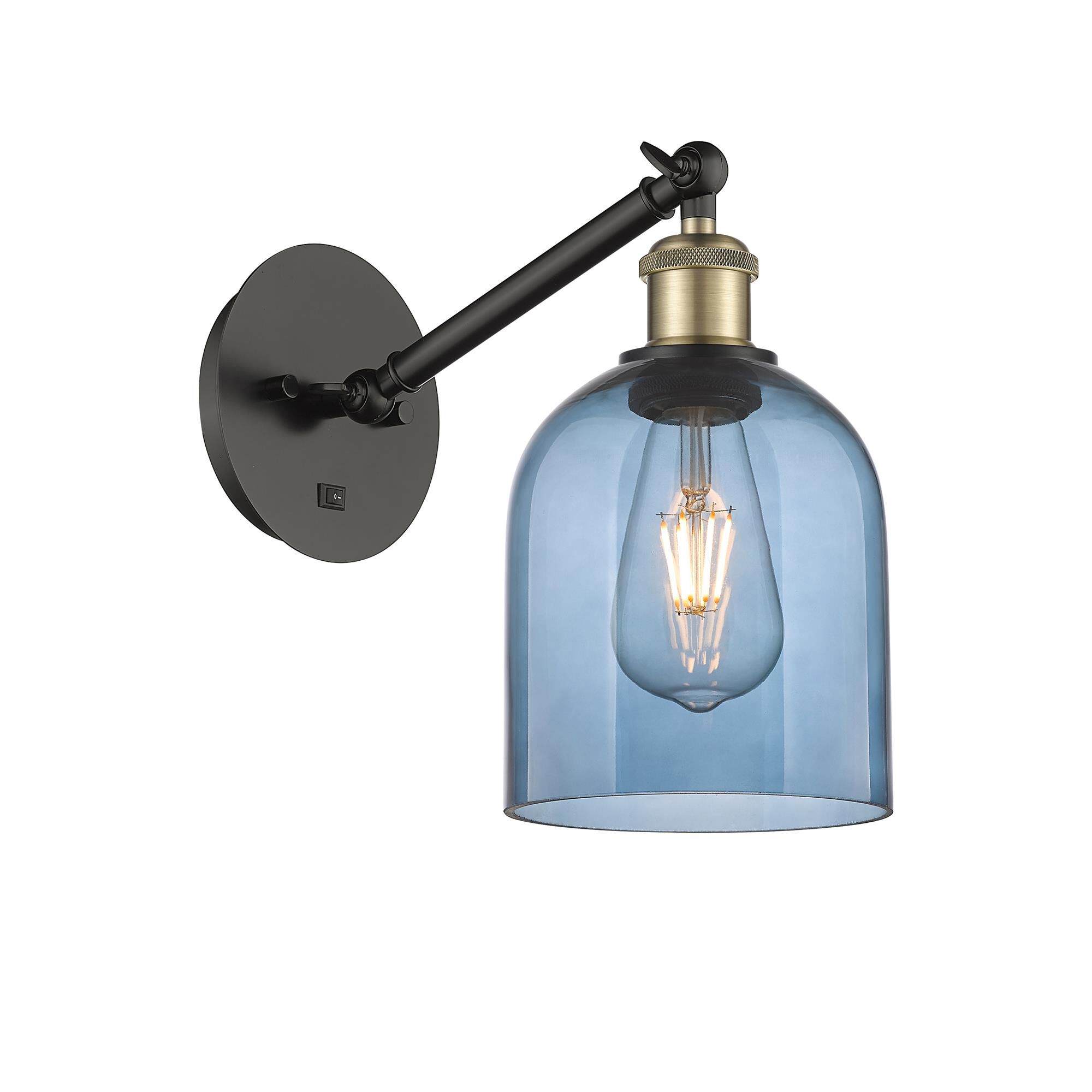 Shown in Black Antique Brass finish and Princess Blue glass