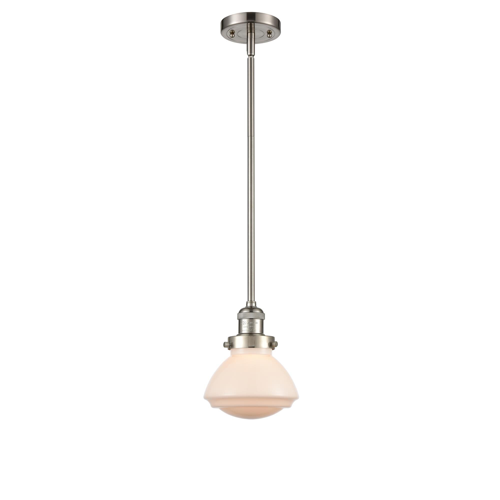 Shown in Brushed Satin Nickel finish and Frosted Matte White Olean glass and Bulb Tint - Clear accent