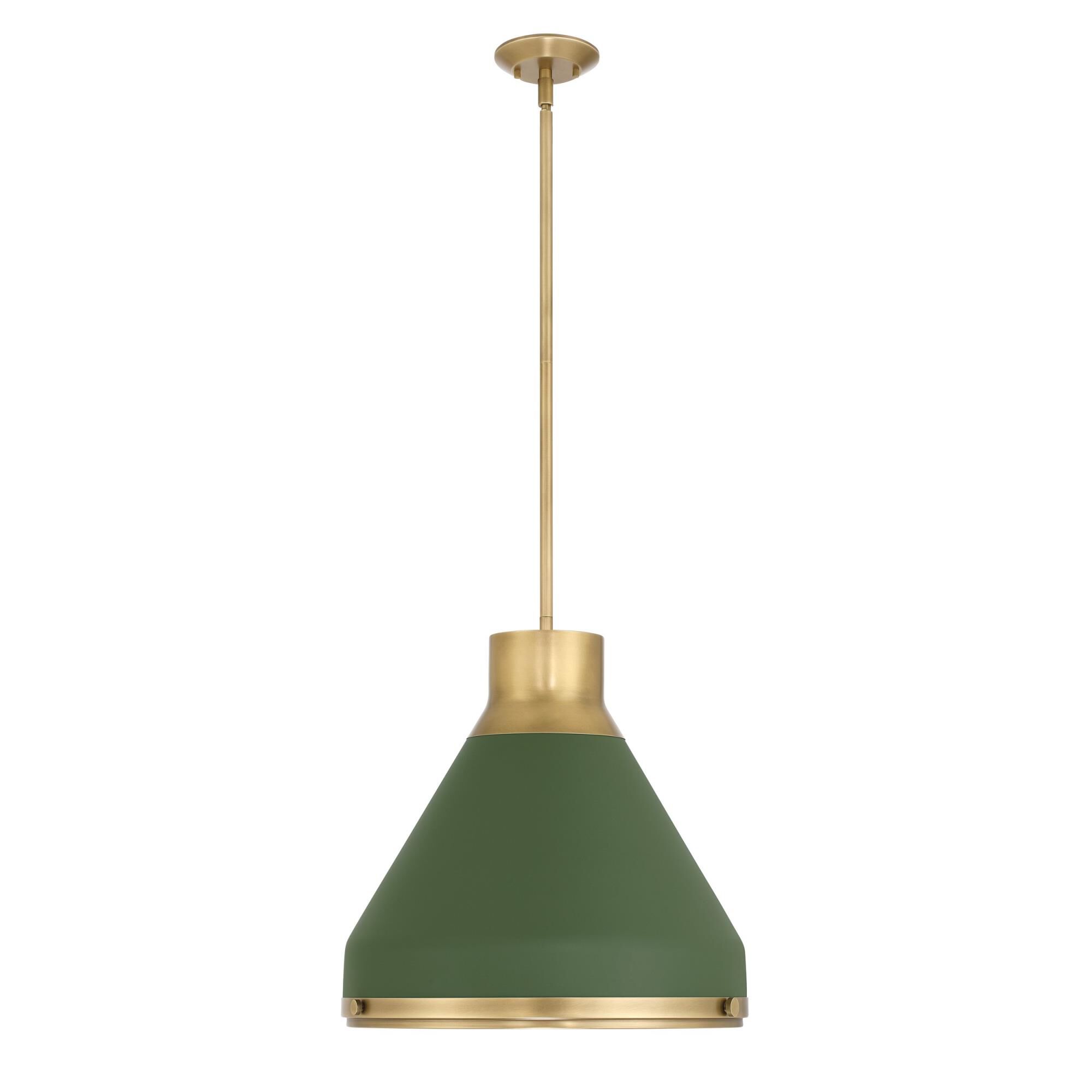 Shown in Natural Brass finish and Etched glass and Natural Brass, Matte Green shade