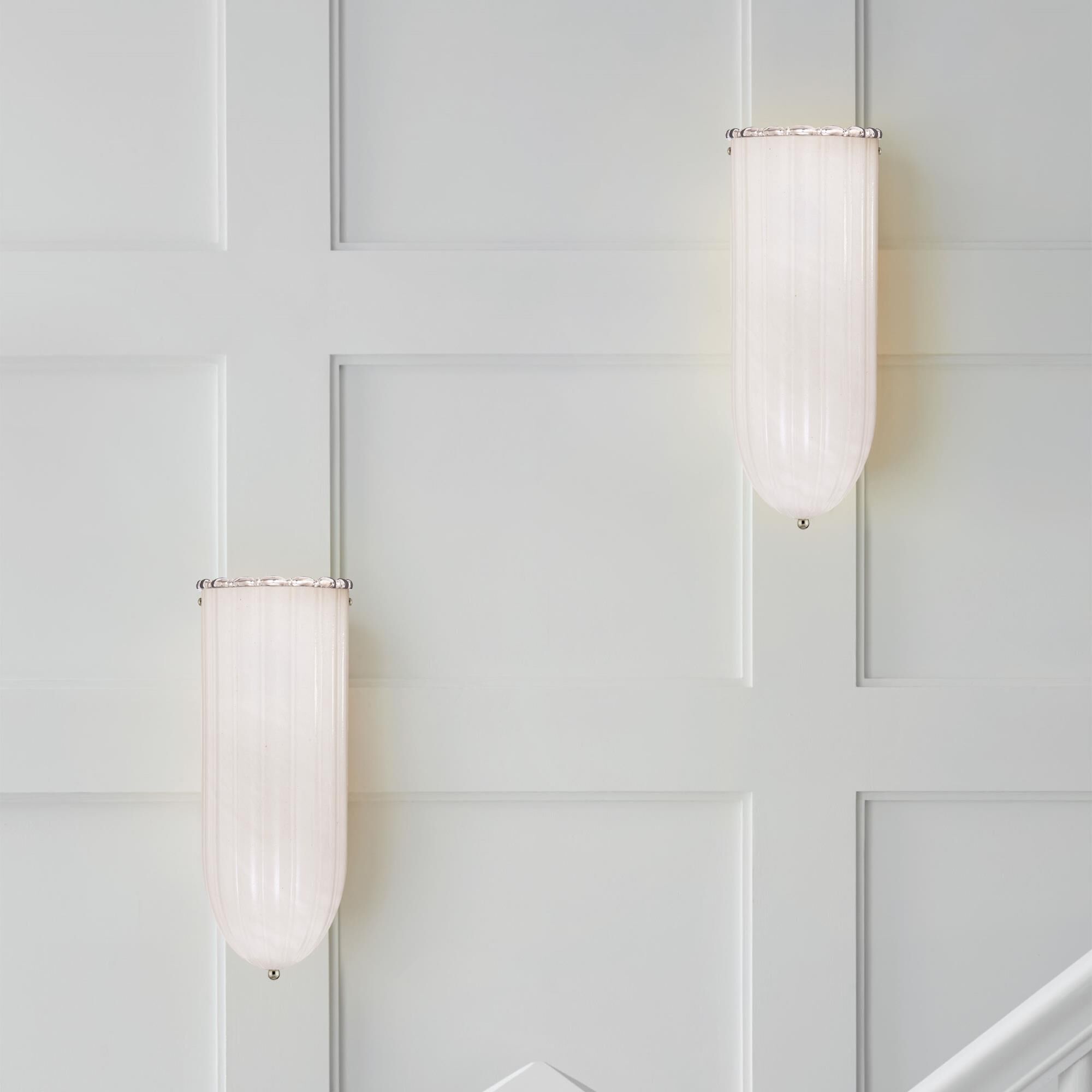 Shown in Polished Nickel finish and White glass