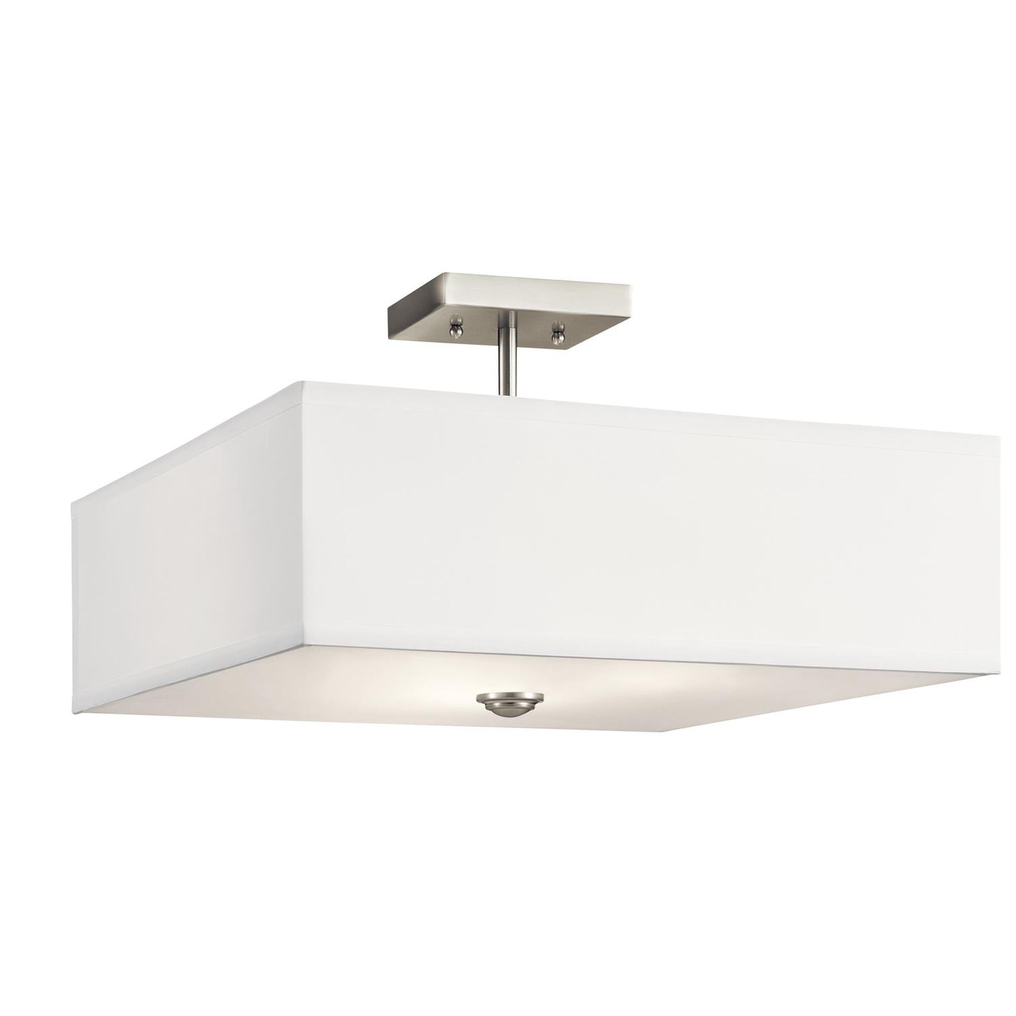 Shown in Brushed Nickel finish and Satin Etched Diffuser glass and White Microfiber shade