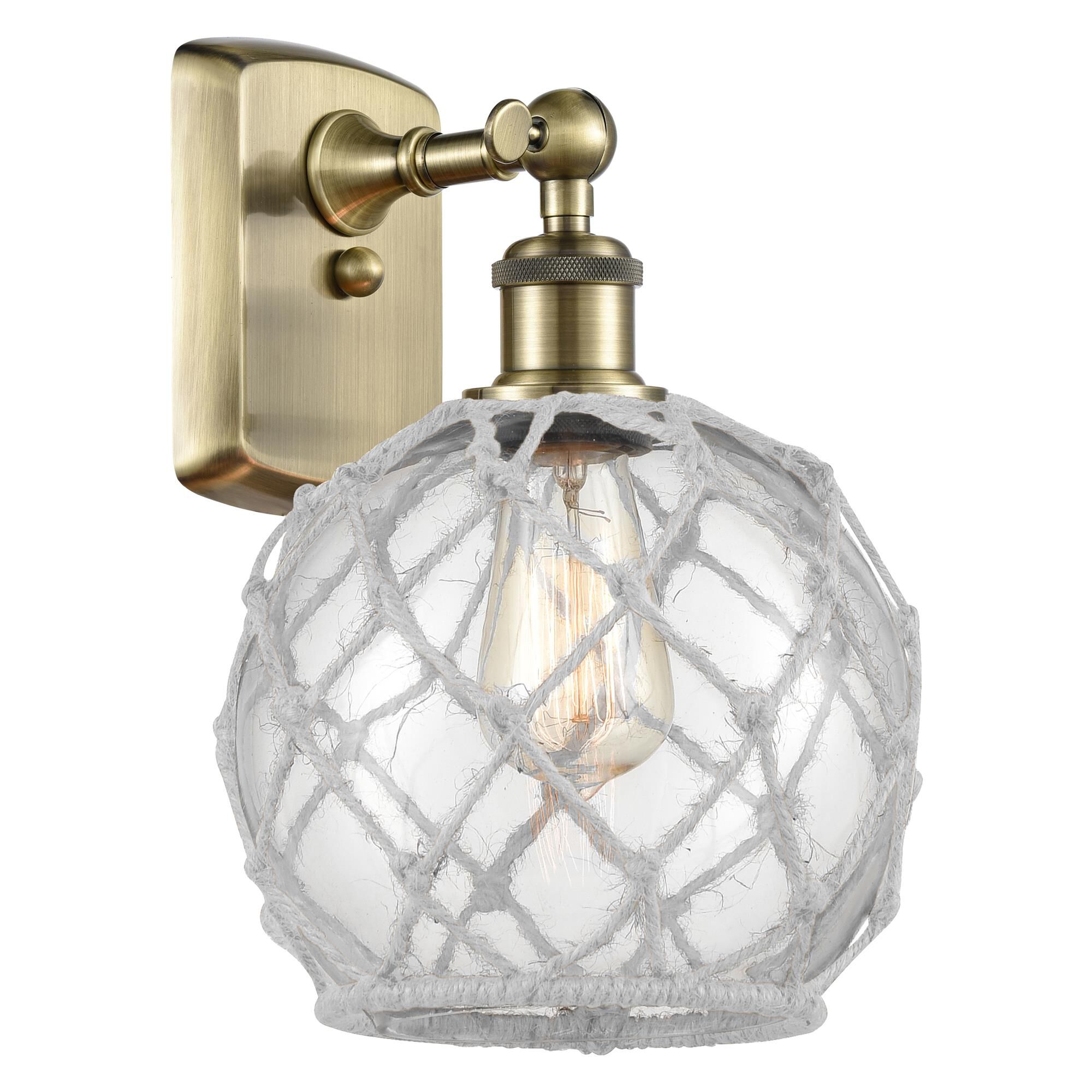 Shown in Antique Brass finish and Clear with White Rope glass