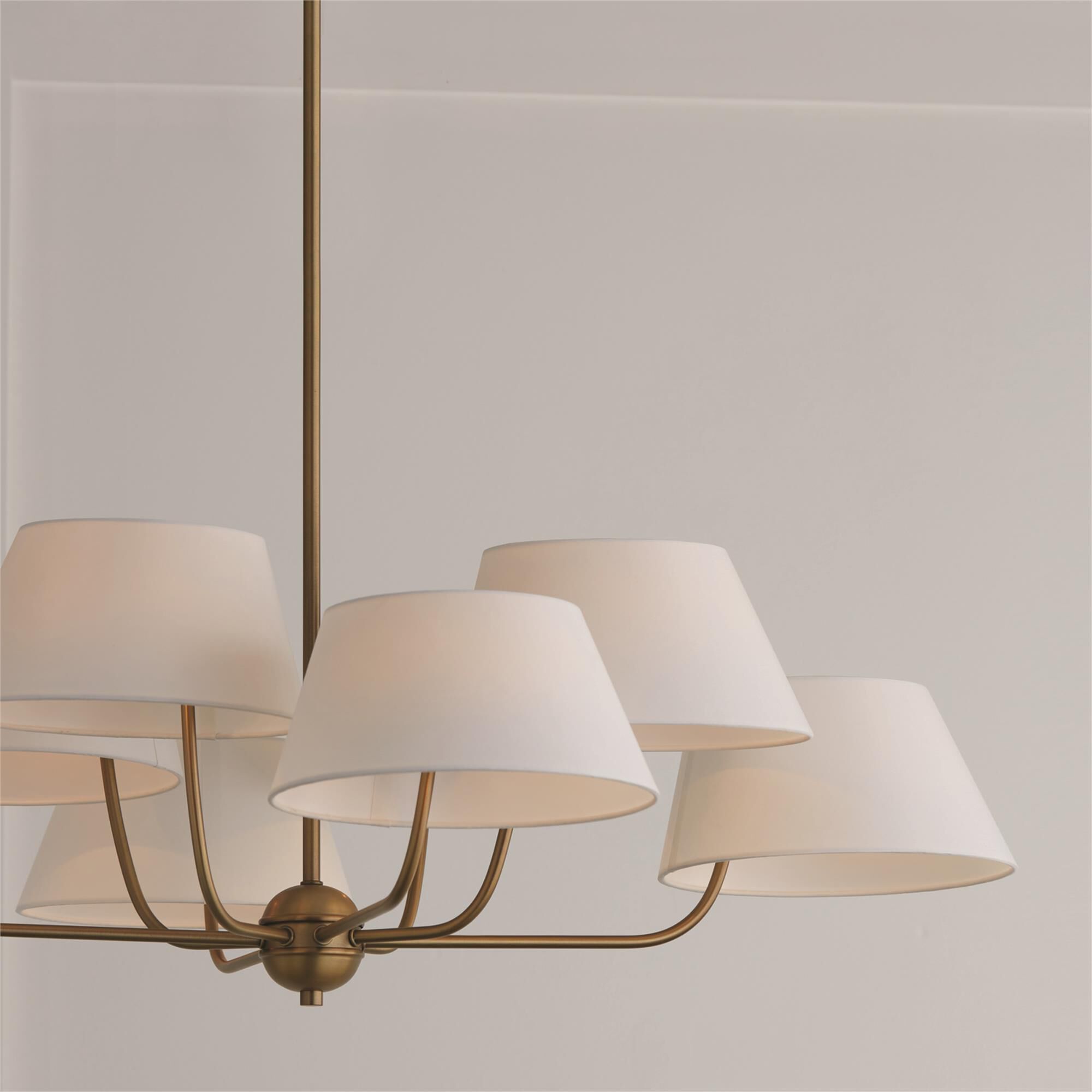 Shown in Aged Brass finish and White Fabric shade