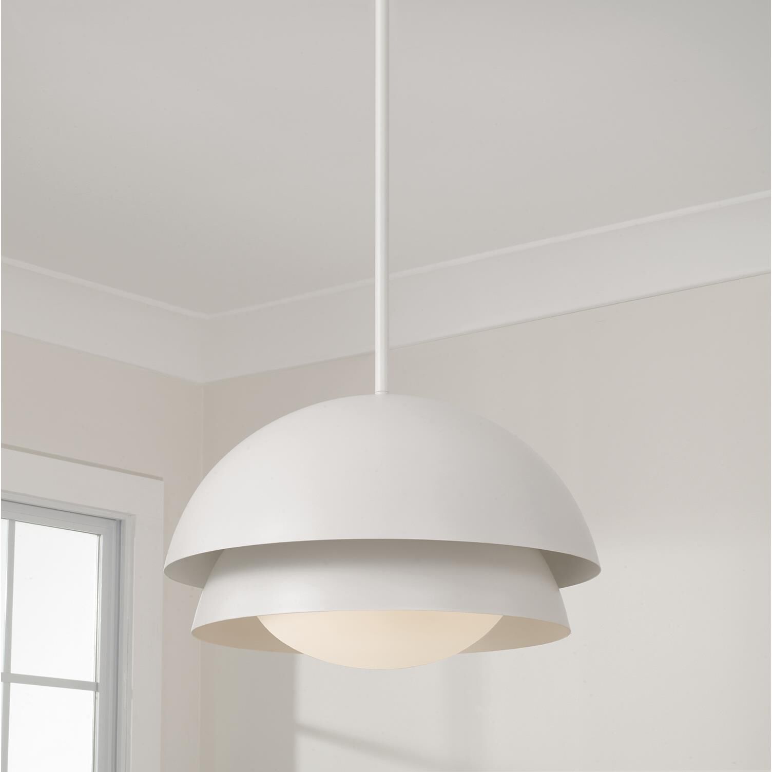 Shown in Matte White finish and Soft White glass and White Metal shade