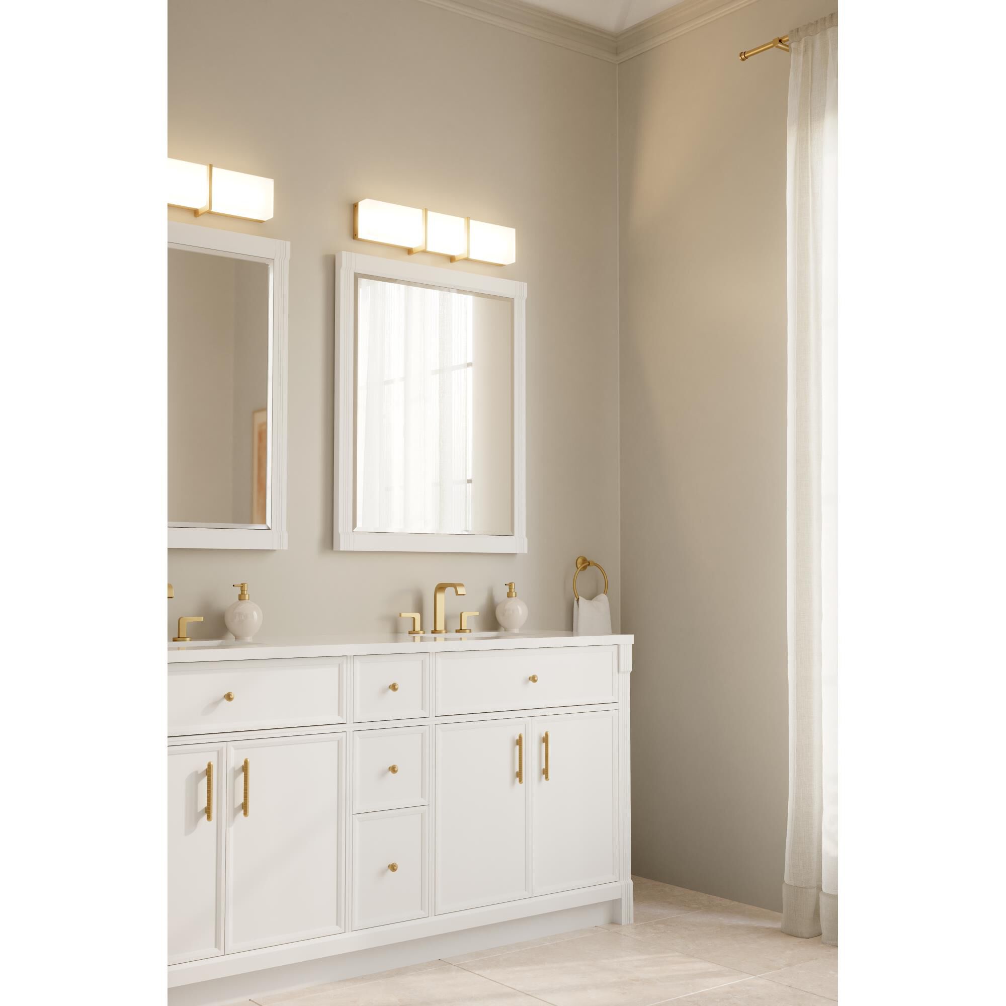 Shown in Legacy Brass finish and White glass