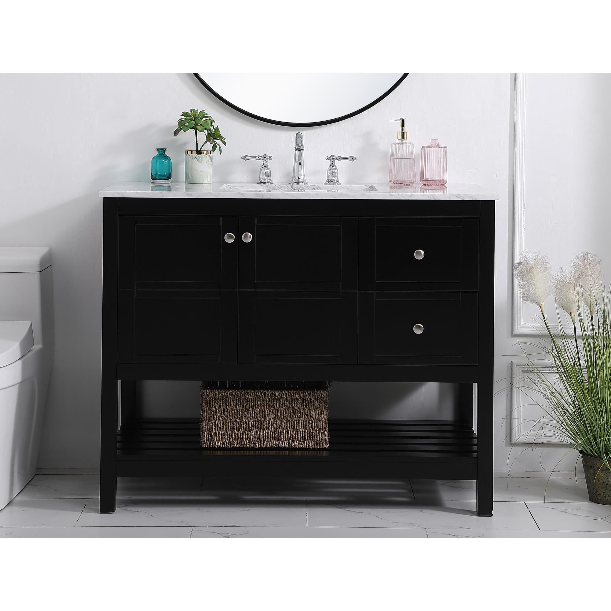 Shown in Black And Brushed Nickel With Carrara White Marble finish