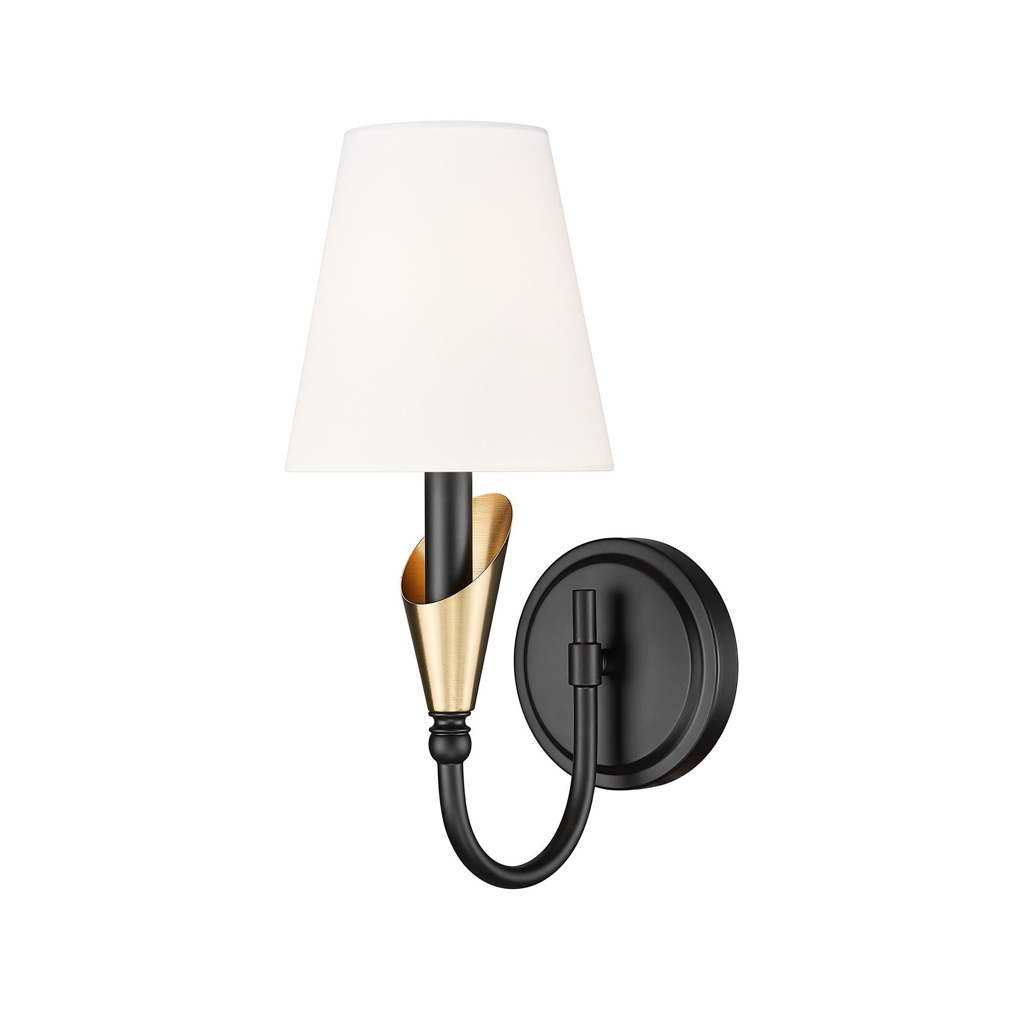 Shown in Matte Black And Modern Gold finish and White glass and White shade