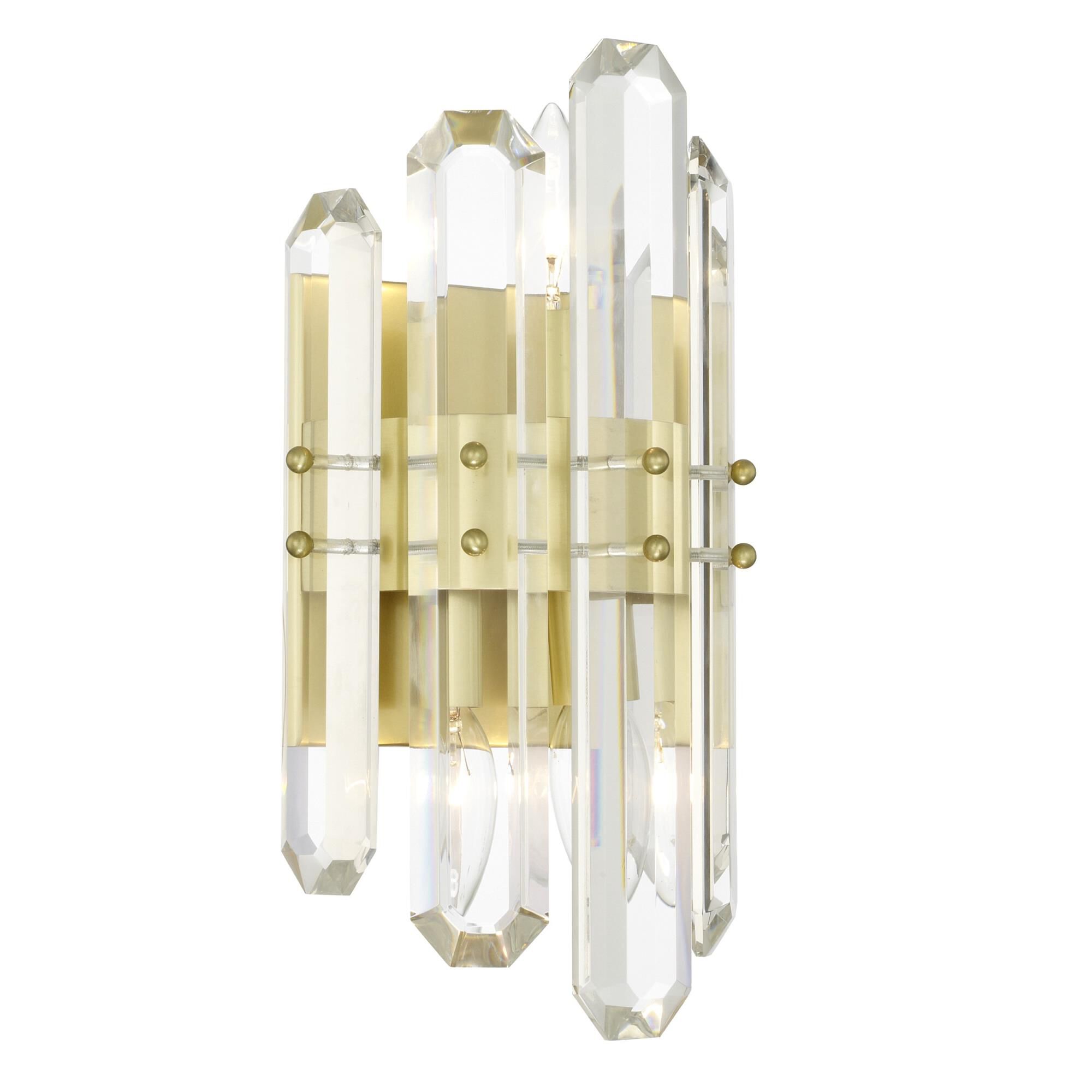 Shown in Aged Brass finish and Faceted Crystal Elements crystal