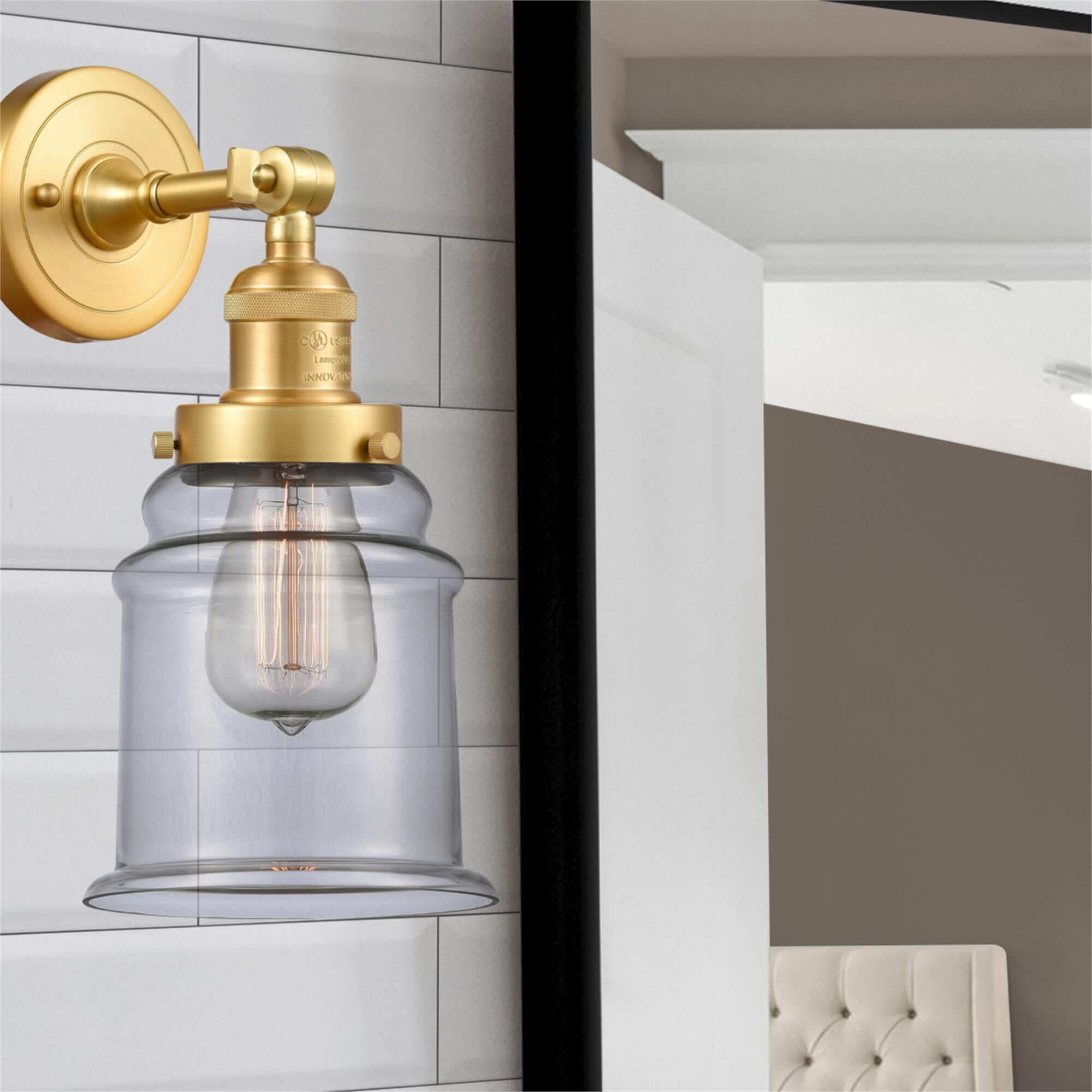 Shown in Satin Gold finish and Clear Canton glass