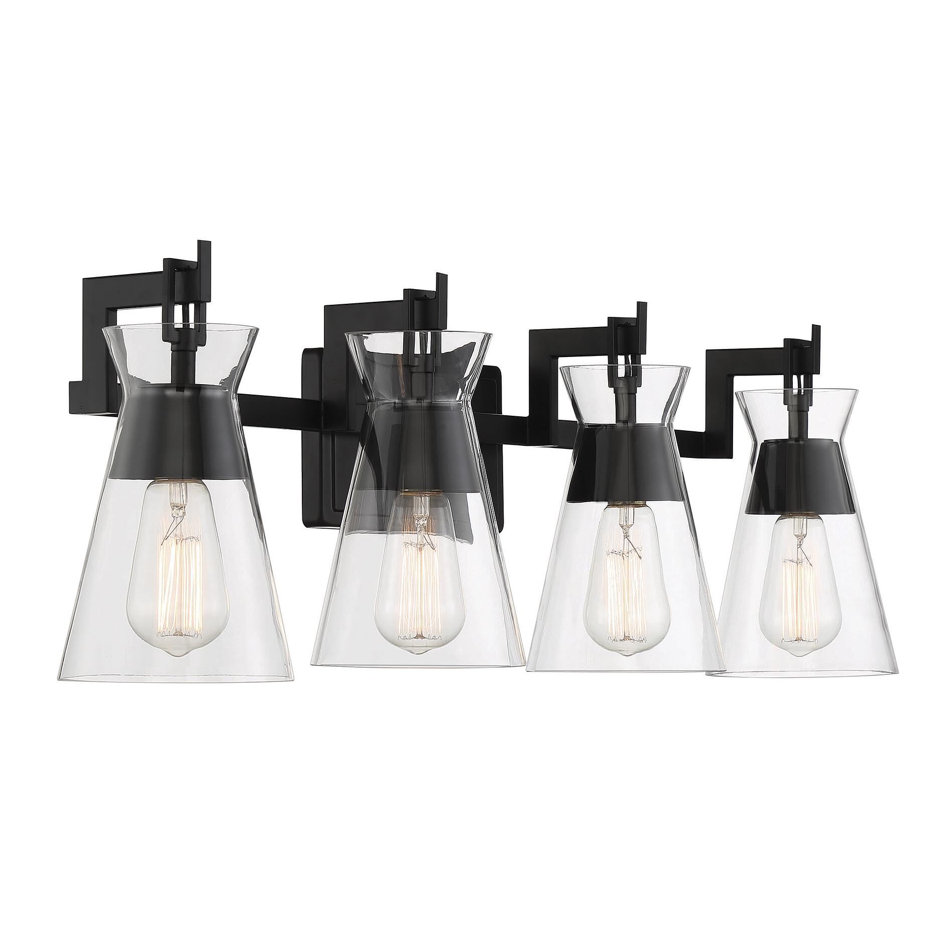 Shown in Matte Black finish and Clear glass and Glass shade