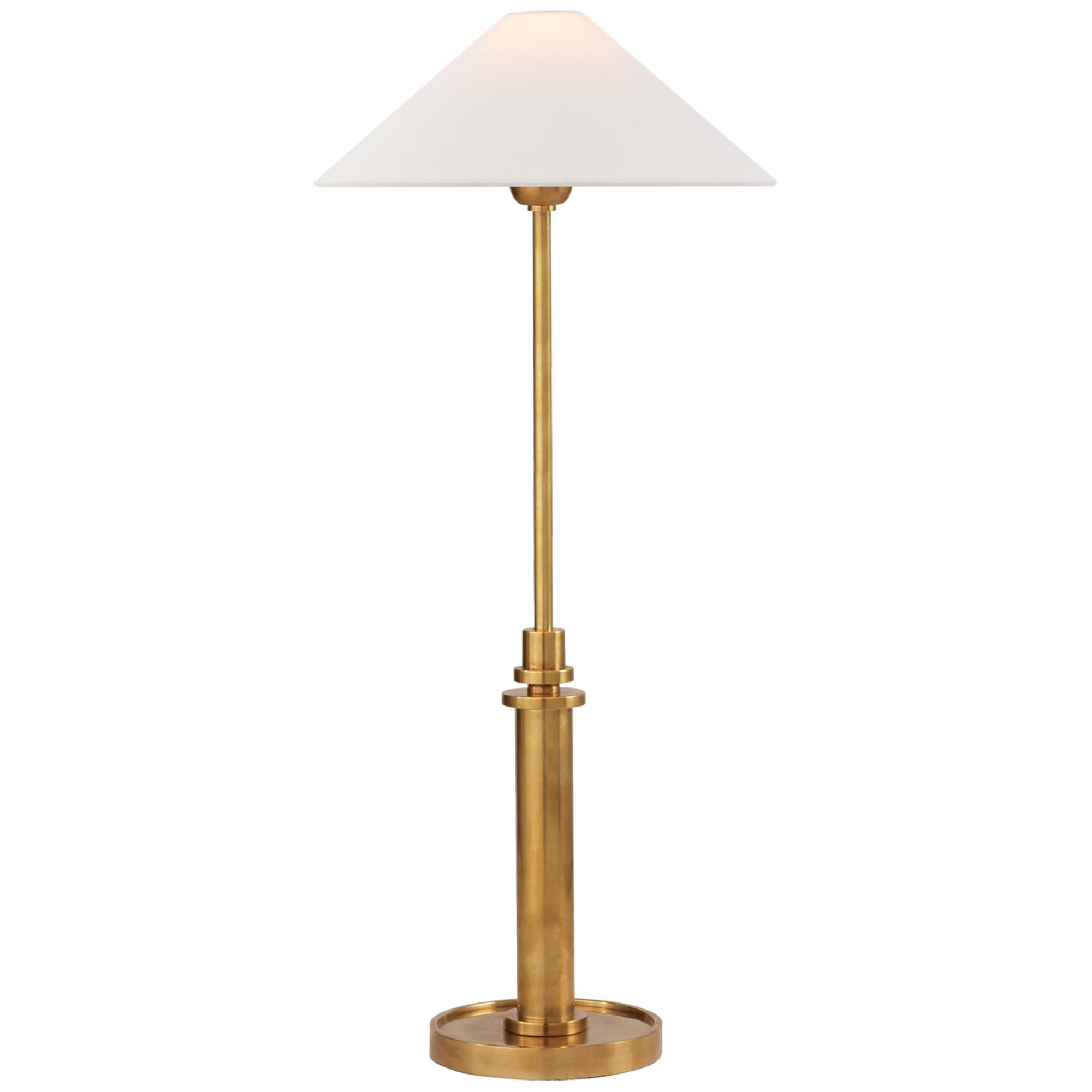 Shown in Hand-Rubbed Antique Brass finish and Linen shade