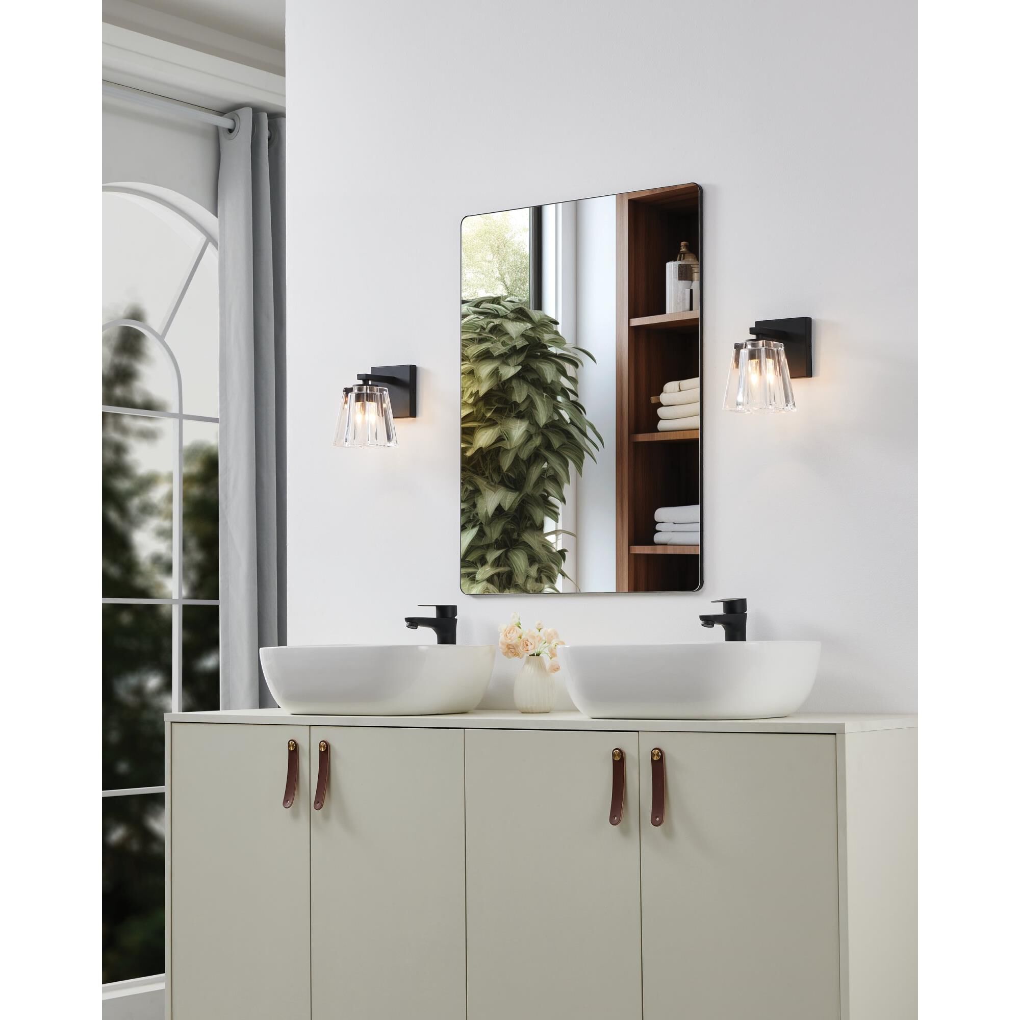 Shown in Matte Black finish and Clear Pressed glass